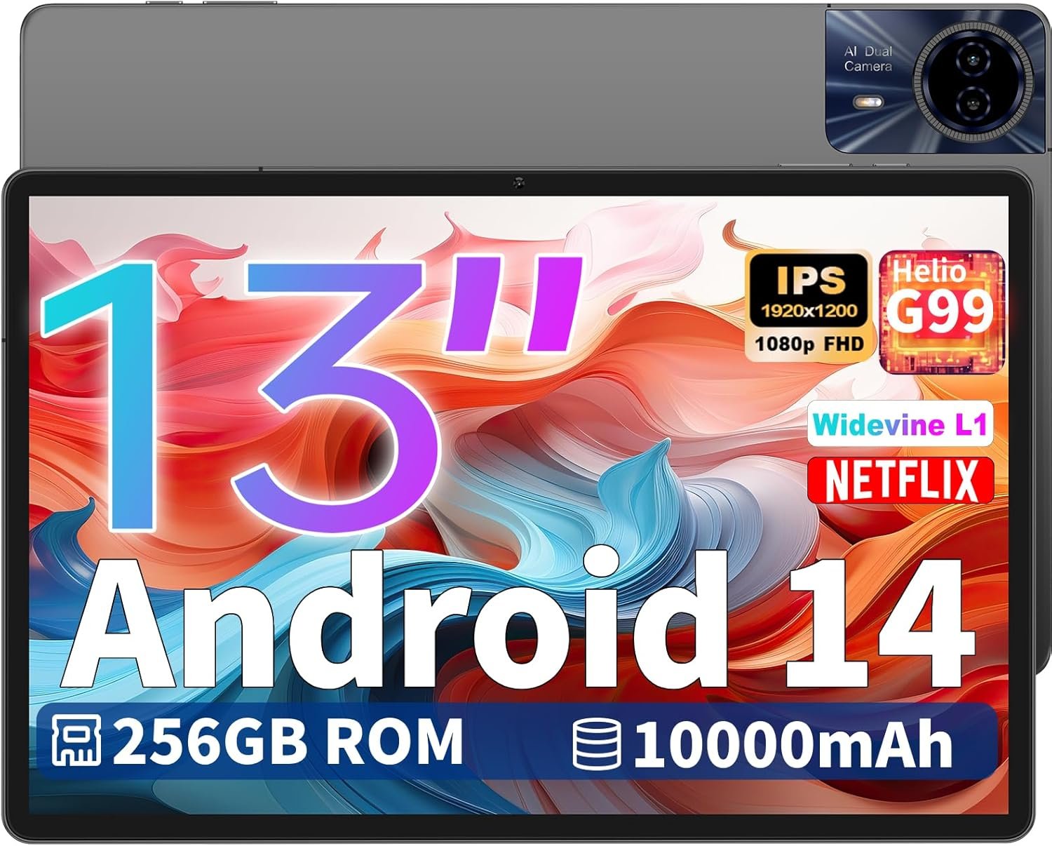 TECLAST T65Max Tablet, 13" Android Tablet with 256GB ROM, Helio G99 Octa-core Gaming Tablet, Android 14 tableta, 10000mAh/18W Fast Charge, 13 inch Large Tablets with Widevine L1, 2.4G/5G WiFi, 8+13MP