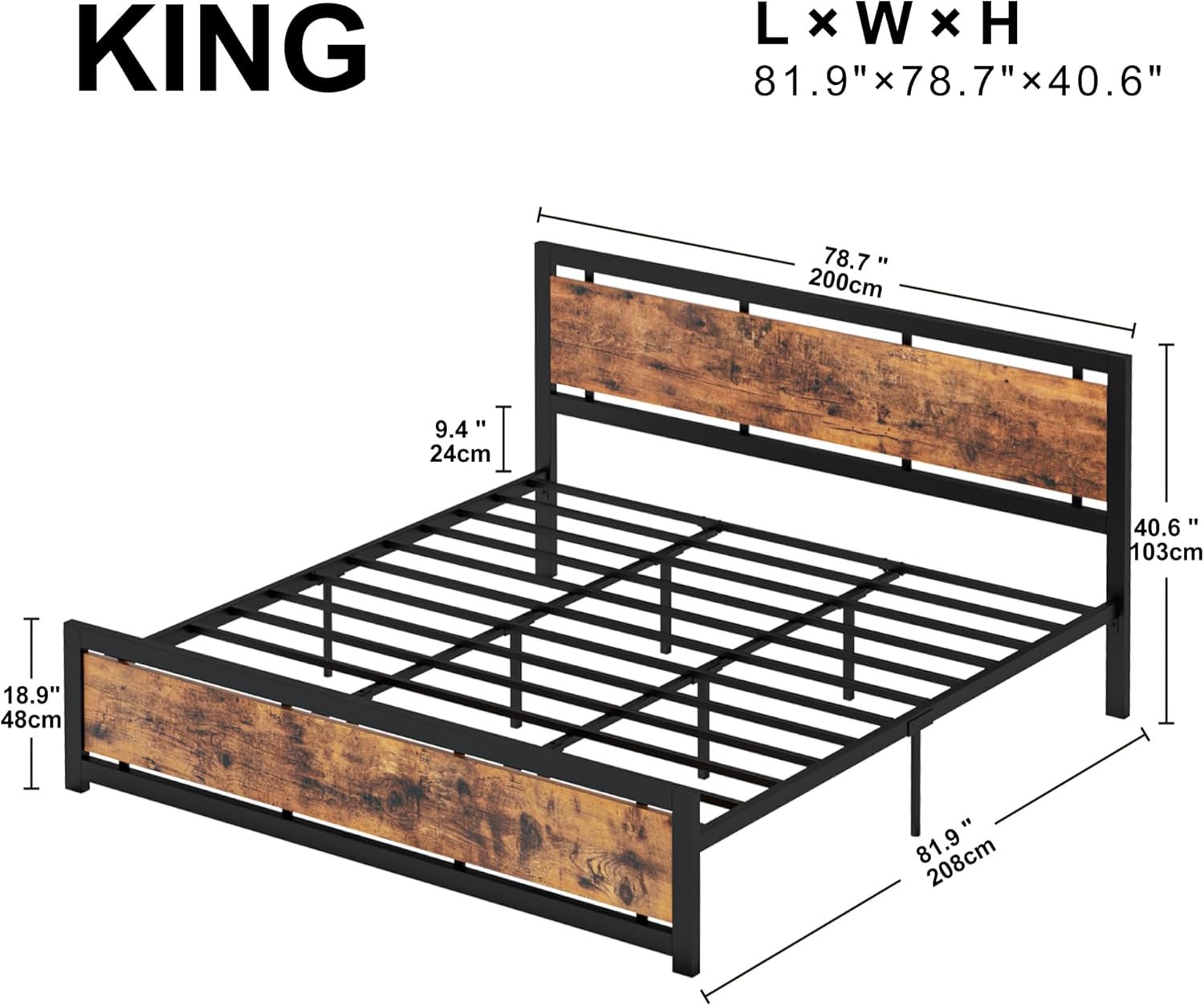 LIKIMIO King Bed Frame with Headboard and Footboard, Metal Strong Supports, Easy Assembly, Noise-Free, No Box Spring Needed, Vintage Brown 2 LIKIMIO King Bed Frame with Headboard and Footboard, Metal Strong Supports, Easy Assembly, Noise-Free, No Box Spring Needed, Vintage Brown - Image 2