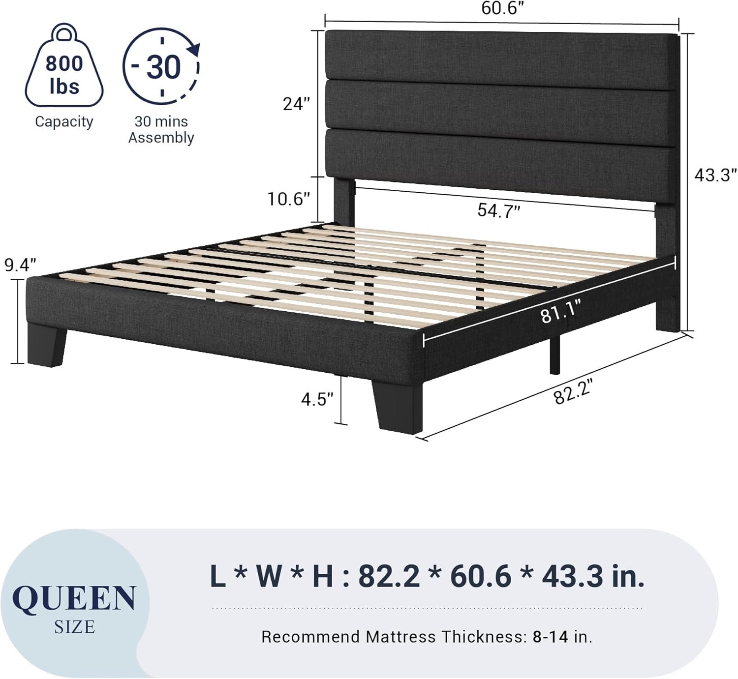 Allewie Queen Size Platform Bed Frame with Fabric Upholstered Headboard and Wooden Slats Support, Fully Upholstered Mattress Foundation/No Box Spring Needed/Easy Assembly, Dark Grey 2 Allewie Queen Size Platform Bed Frame with Fabric Upholstered Headboard and Wooden Slats Support, Fully Upholstered Mattress Foundation/No Box Spring Needed/Easy Assembly, Dark Grey - Image 2
