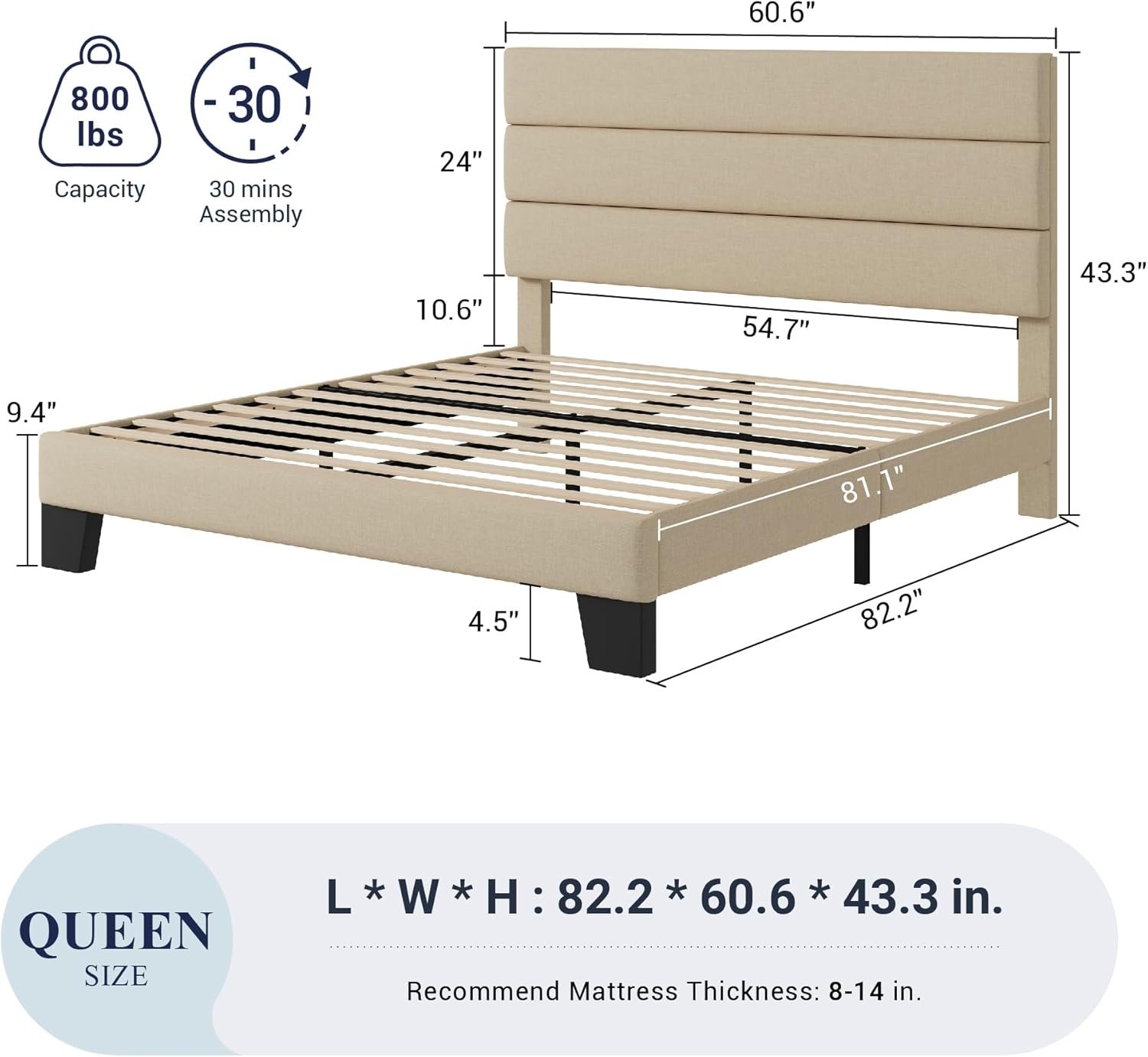 Allewie Queen Size Platform Bed Frame with Fabric Upholstered Headboard and Wooden Slats Support, Fully Upholstered Mattress Foundation/No Box Spring Needed/Easy Assembly, Beige 2 Allewie Queen Size Platform Bed Frame with Fabric Upholstered Headboard and Wooden Slats Support, Fully Upholstered Mattress Foundation/No Box Spring Needed/Easy Assembly, Beige - Image 2