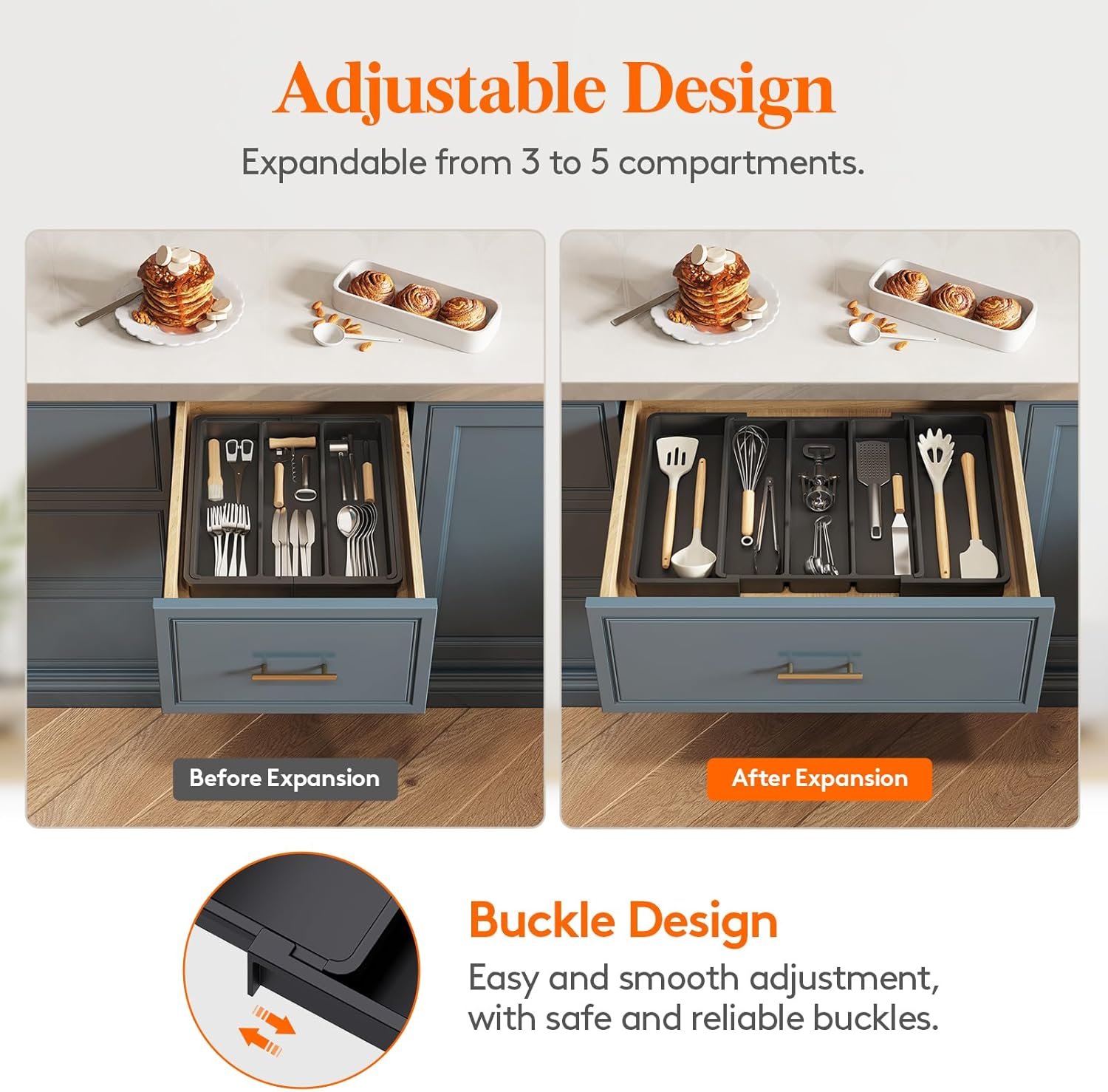 Lifewit Utensil Organizer for Kitchen Drawers, Expandable Cooking Utensil Tray, Adjustable Cutlery Silverware Flatware Holder, Plastic Kitchen Spatula Tools and Gadgets Storage Divider, Large, Black 4 Lifewit Utensil Organizer for Kitchen Drawers, Expandable Cooking Utensil Tray, Adjustable Cutlery Silverware Flatware Holder, Plastic Kitchen Spatula Tools and Gadgets Storage Divider, Large, Black - Image 4