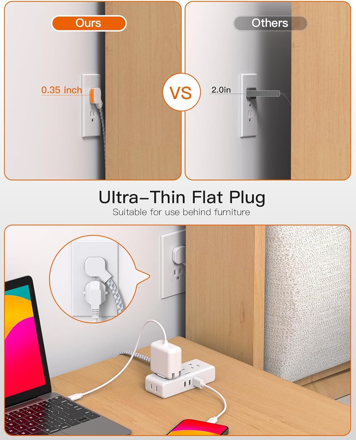 Flat Extension Cord 6 feet, Flat Plug Power Strip, 4 Widely Outlets with 3 USB Ports (2 USB C), 3 Side Outlet Extender with Extension Cord with Multiple Outlets for Home, Office, Dorm Room Essentials 4 Flat Extension Cord 6 feet, Flat Plug Power Strip, 4 Widely Outlets with 3 USB Ports (2 USB C), 3 Side Outlet Extender with Extension Cord with Multiple Outlets for Home, Office, Dorm Room Essentials - Image 4