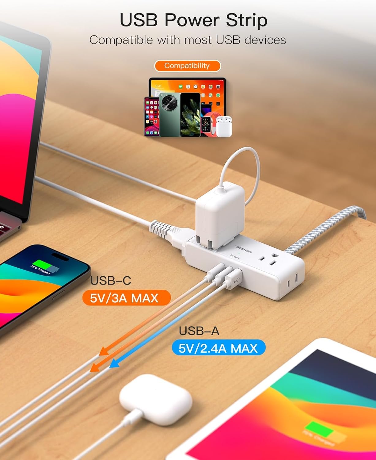 Flat Extension Cord 6 feet, Flat Plug Power Strip, 4 Widely Outlets with 3 USB Ports (2 USB C), 3 Side Outlet Extender with Extension Cord with Multiple Outlets for Home, Office, Dorm Room Essentials 6 Flat Extension Cord 6 feet, Flat Plug Power Strip, 4 Widely Outlets with 3 USB Ports (2 USB C), 3 Side Outlet Extender with Extension Cord with Multiple Outlets for Home, Office, Dorm Room Essentials - Image 6