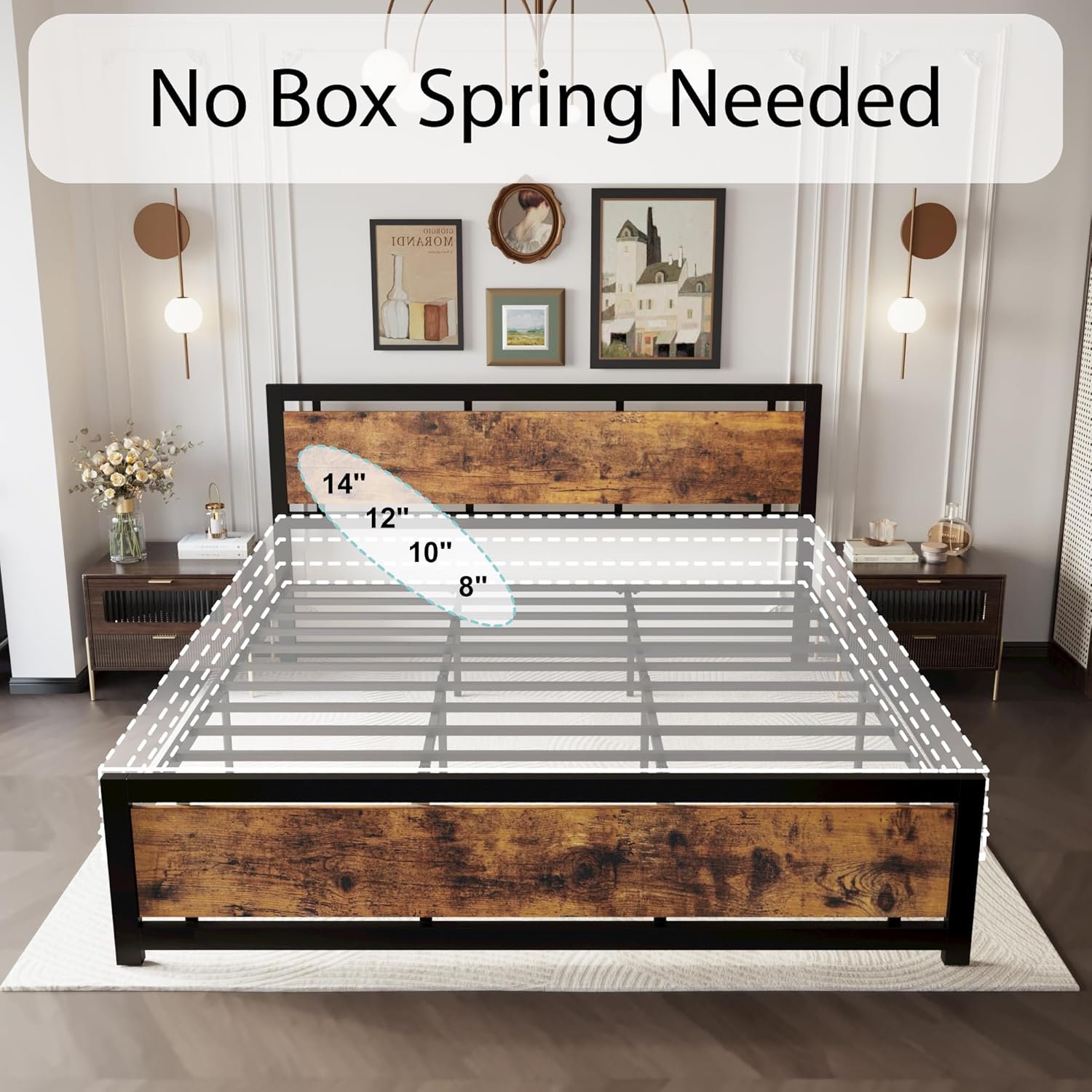 LIKIMIO King Bed Frame with Headboard and Footboard, Metal Strong Supports, Easy Assembly, Noise-Free, No Box Spring Needed, Vintage Brown 7 LIKIMIO King Bed Frame with Headboard and Footboard, Metal Strong Supports, Easy Assembly, Noise-Free, No Box Spring Needed, Vintage Brown - Image 7