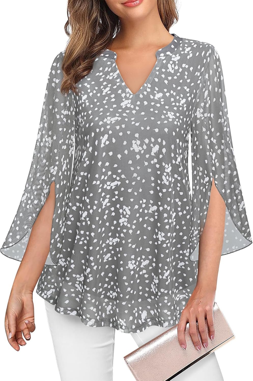 VALOLIA Women's 3/4 Sleeve Floral Tunic Tops V Neck Double Layers Loose Fit Mesh Blouses Shirt