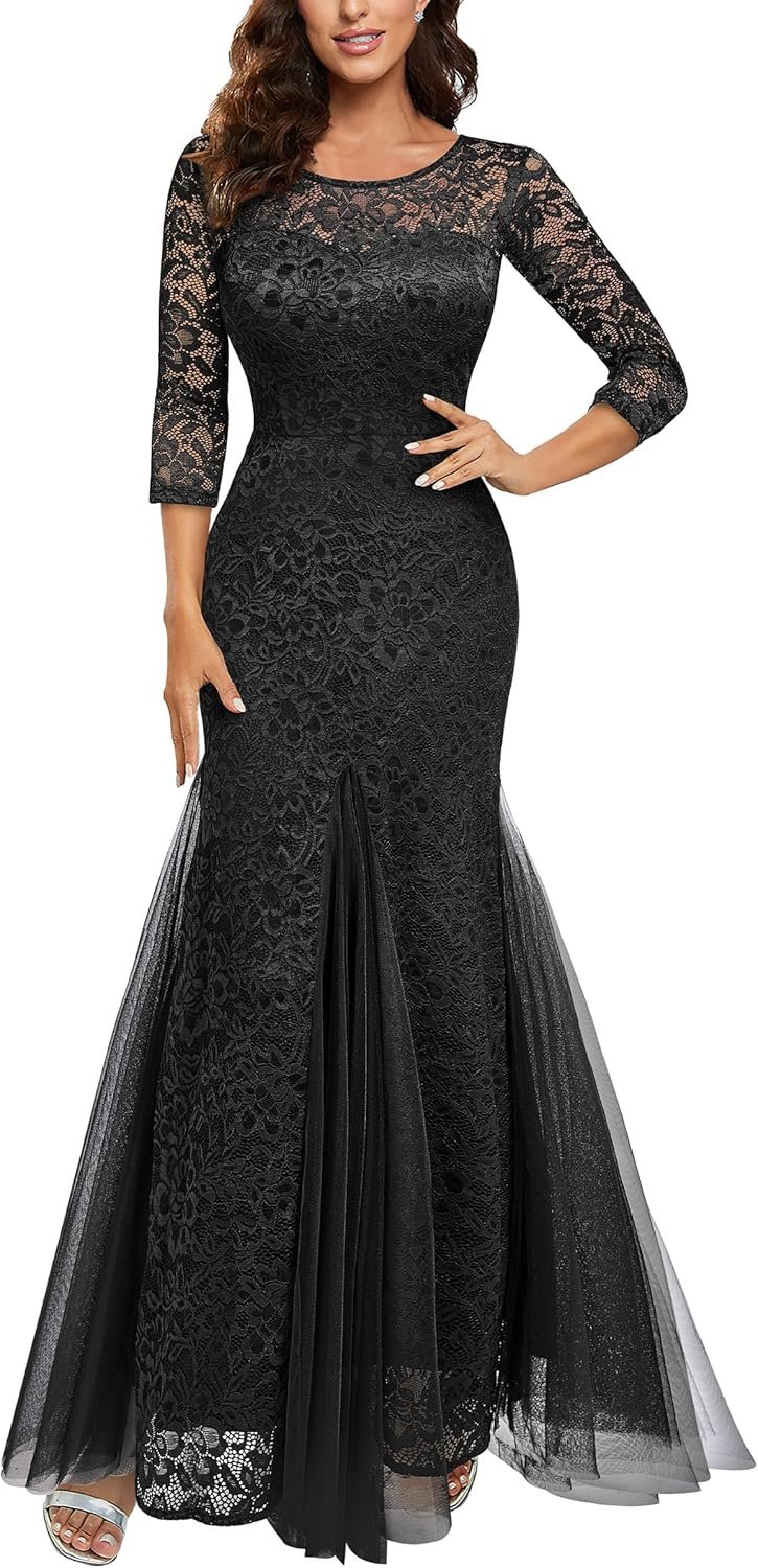 Miusol Women's Classy Floral Lace 2/3 Sleeve Mermaid Evening Formal Maxi Dress