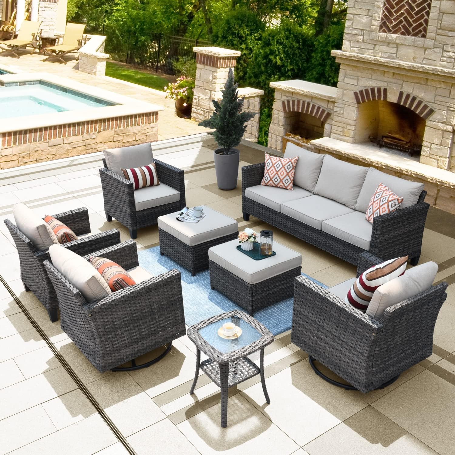 ovios 8 Piece Patio Furniture Set, Outdoor Wicker Sofa Couch with Swivel Rocking Chairs and Comfy Cushions, High Back Rattan Conversation Set, Beige
