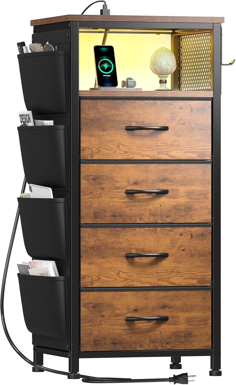 EnHomee Dresser for Bedroom with Charging Station & LED Lights, 4 Storage Drawers with Side Pockets, Dresser Chest of Drawers, Fabric Dresser Organizer Unit for Bedroom,Closet,Hallway,Entryway, Brown
