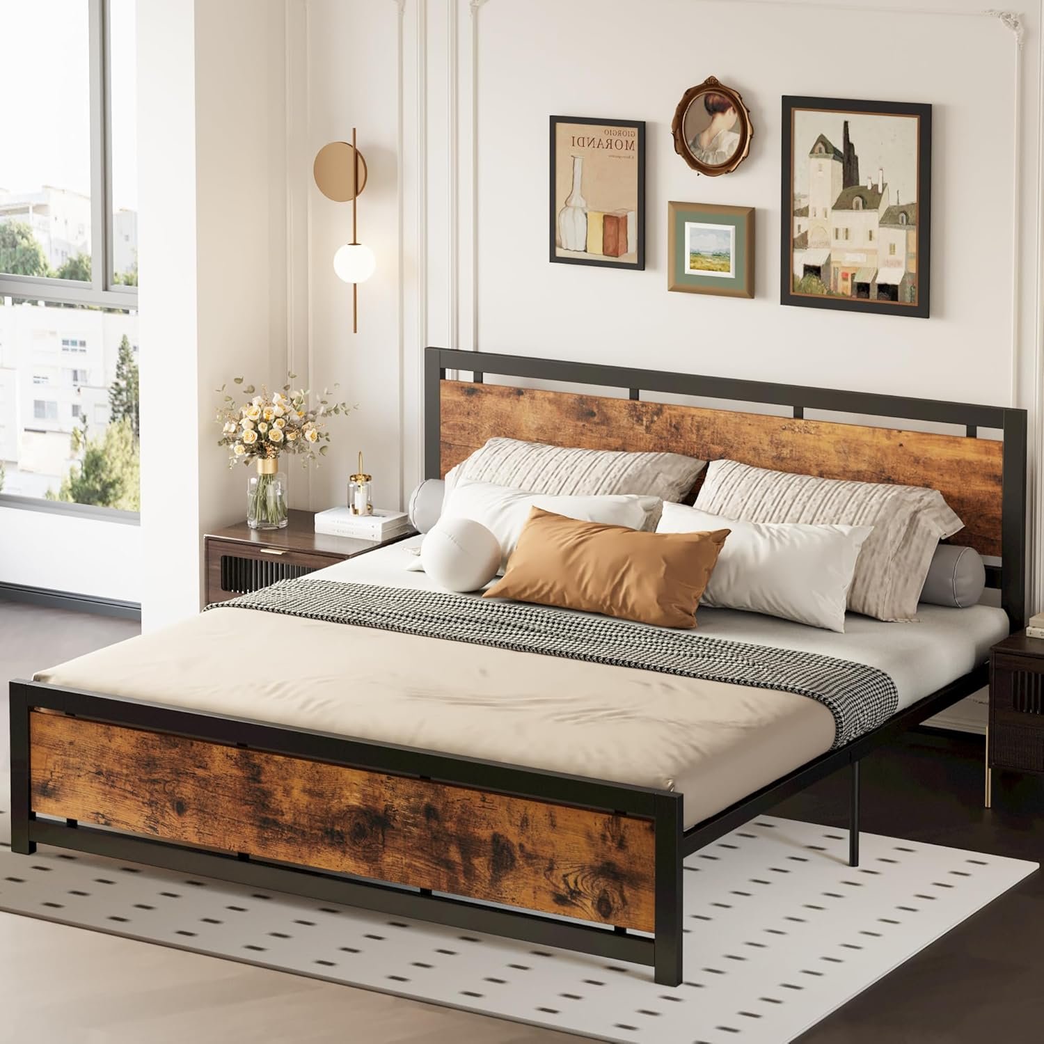 LIKIMIO King Bed Frame with Headboard and Footboard, Metal Strong Supports, Easy Assembly, Noise-Free, No Box Spring Needed, Vintage Brown 3 LIKIMIO King Bed Frame with Headboard and Footboard, Metal Strong Supports, Easy Assembly, Noise-Free, No Box Spring Needed, Vintage Brown - Image 3