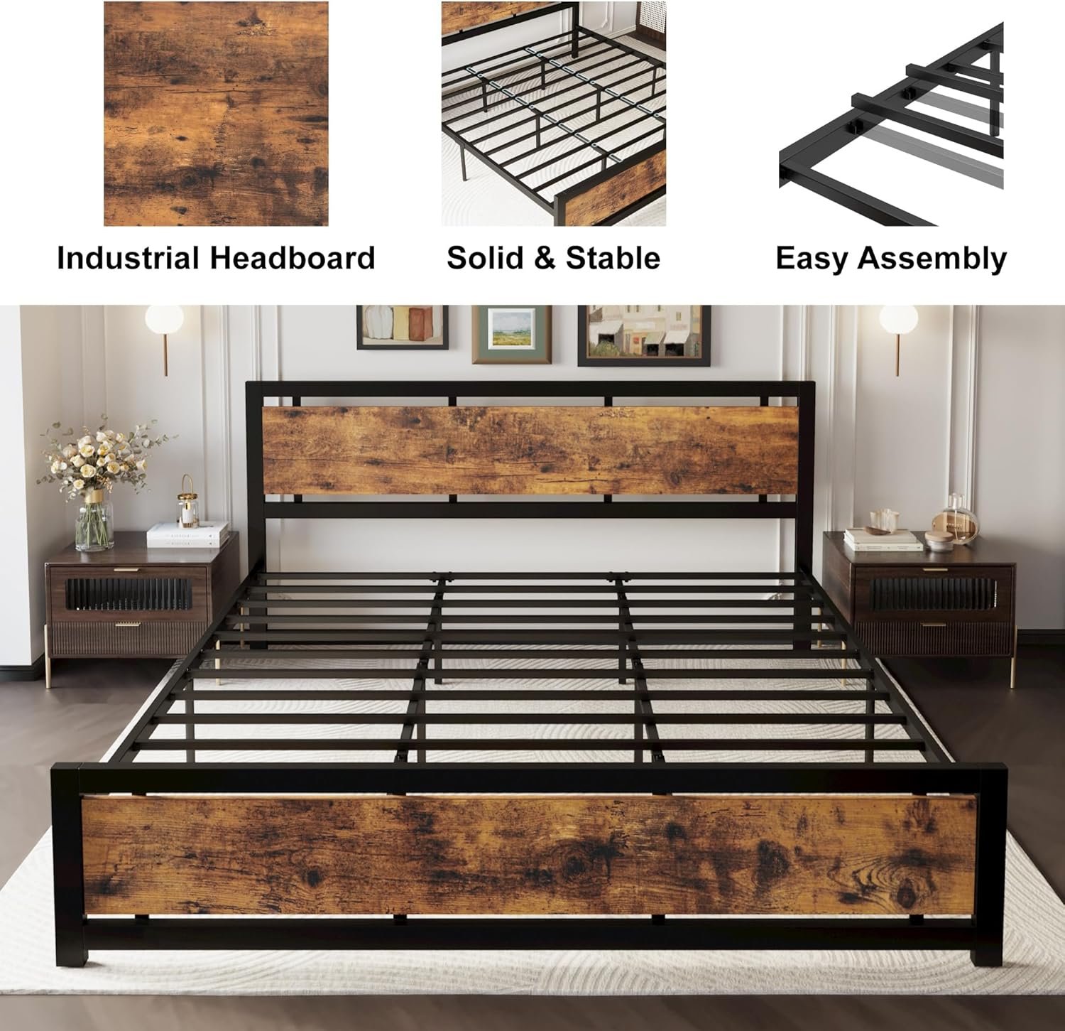 LIKIMIO King Bed Frame with Headboard and Footboard, Metal Strong Supports, Easy Assembly, Noise-Free, No Box Spring Needed, Vintage Brown 4 LIKIMIO King Bed Frame with Headboard and Footboard, Metal Strong Supports, Easy Assembly, Noise-Free, No Box Spring Needed, Vintage Brown - Image 4