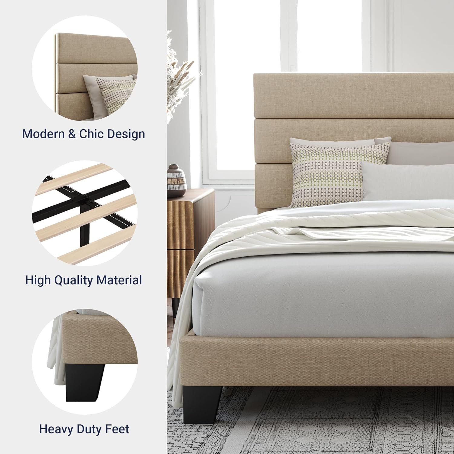 Allewie Queen Size Platform Bed Frame with Fabric Upholstered Headboard and Wooden Slats Support, Fully Upholstered Mattress Foundation/No Box Spring Needed/Easy Assembly, Beige 6 Allewie Queen Size Platform Bed Frame with Fabric Upholstered Headboard and Wooden Slats Support, Fully Upholstered Mattress Foundation/No Box Spring Needed/Easy Assembly, Beige - Image 6