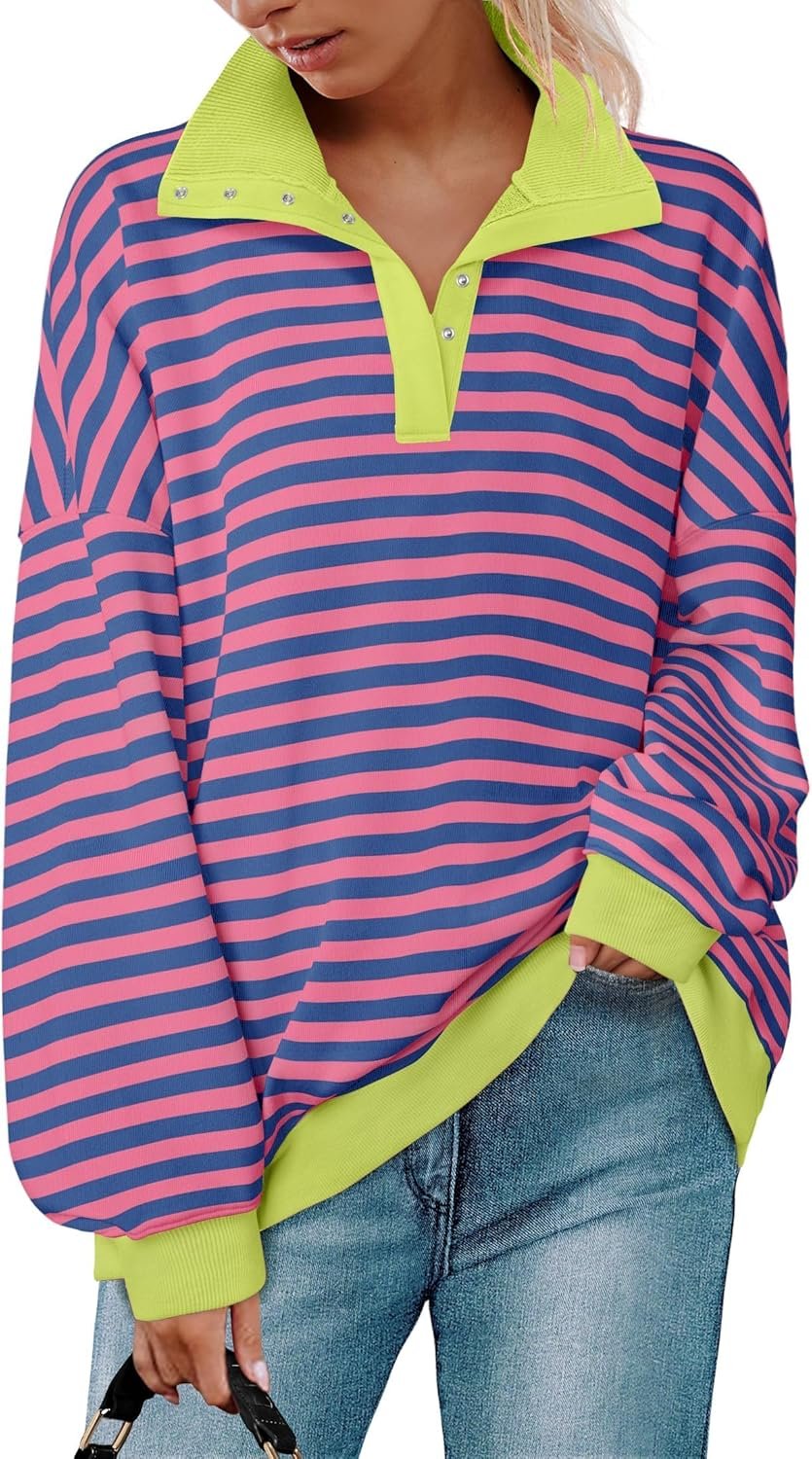 ZESICA Sweatshirts for Womens Long Sleeve Lapel V Neck Striped Oversized Tops