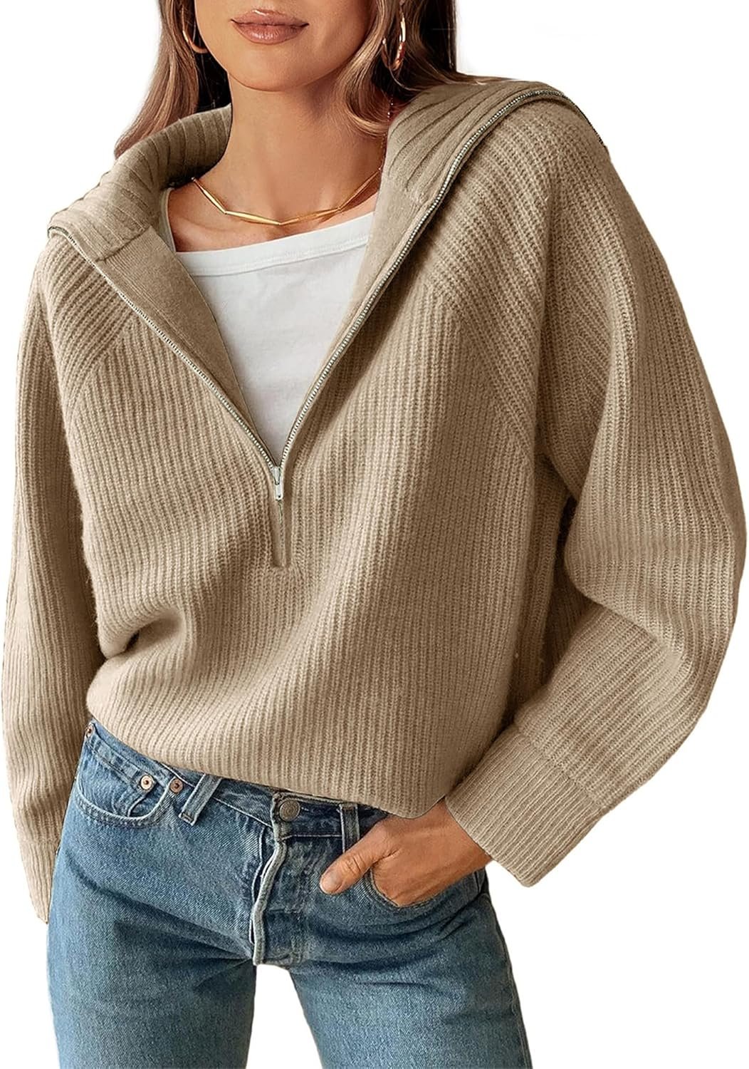 BTFBM Women’s Casual Long Sleeve Half Zip Pullover Sweaters Solid V Neck Collar Ribbed Knitted Loose Slouchy Jumper Tops