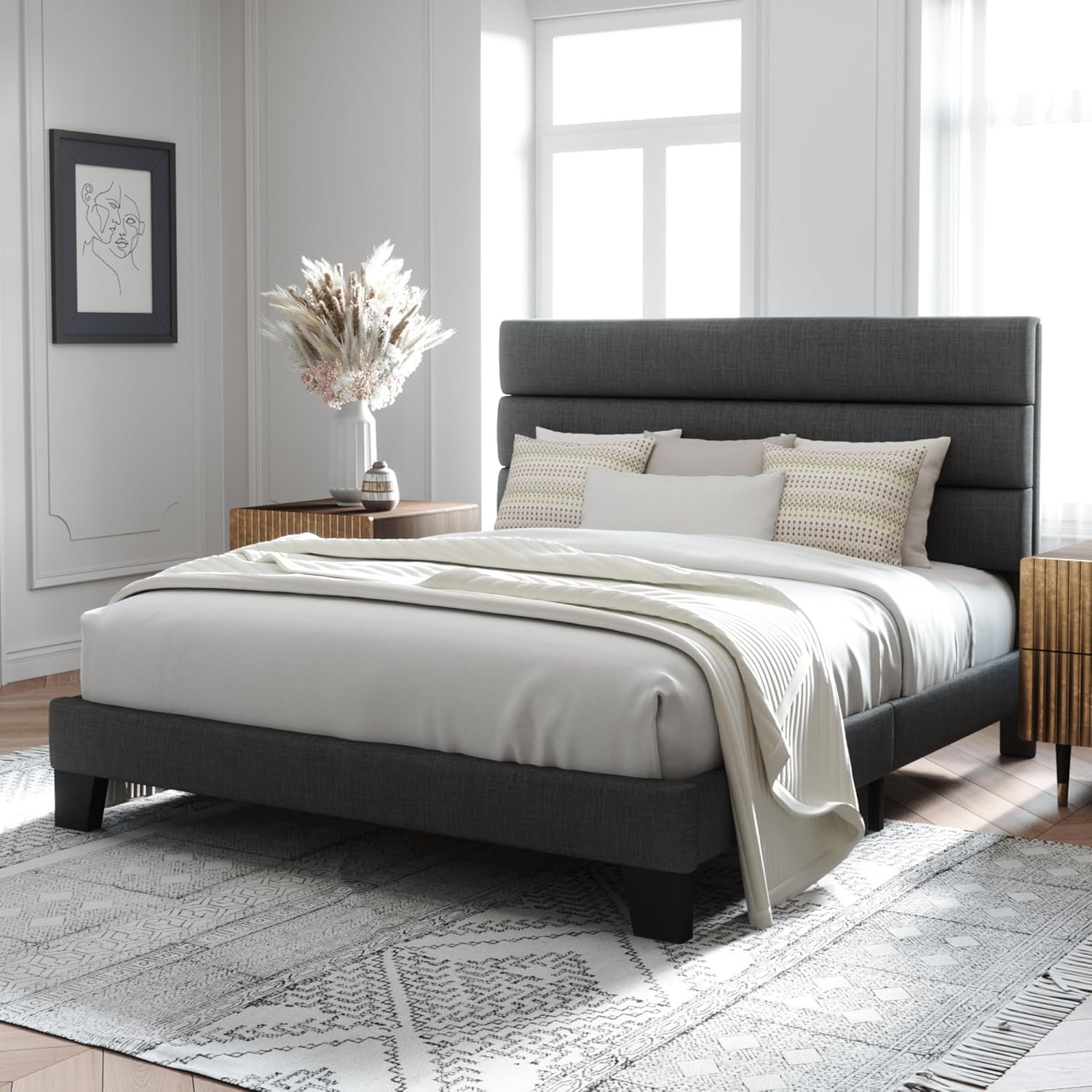 Allewie Queen Size Platform Bed Frame with Fabric Upholstered Headboard and Wooden Slats Support, Fully Upholstered Mattress Foundation/No Box Spring Needed/Easy Assembly, Dark Grey 3 Allewie Queen Size Platform Bed Frame with Fabric Upholstered Headboard and Wooden Slats Support, Fully Upholstered Mattress Foundation/No Box Spring Needed/Easy Assembly, Dark Grey - Image 3