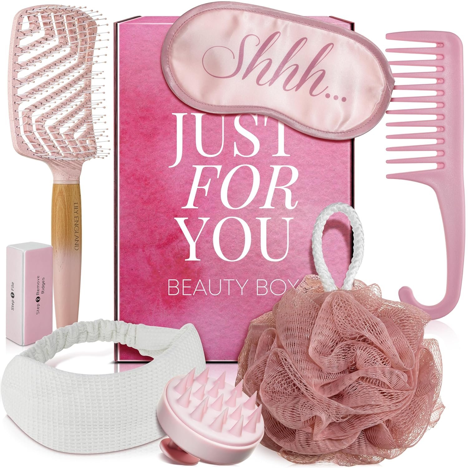 Lily England 7-Piece Christmas Gifts for Women - Luxury Self-Care Beauty Gift Set for Women & Teenage Girls with Hair Brush, Wide-Tooth Comb, Eye Mask & Hair Care Essentials - Premium Womens Gift Idea