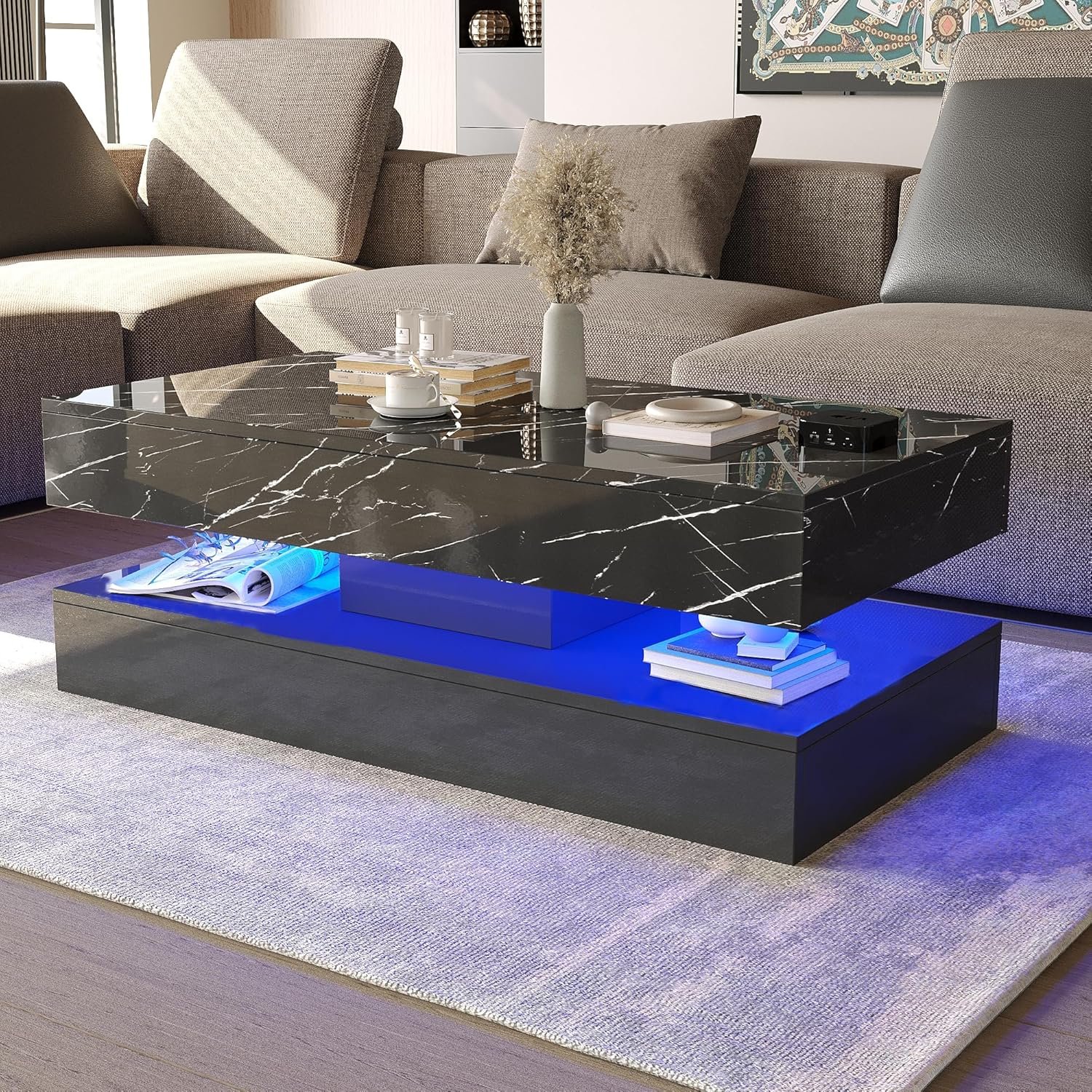 LED Coffee Table with 2 Storage Drawers, Modern High Gloss Black Coffee Table w/20 Colors LED Lights, 2 Tiers Rectangle Center Table for Living Room with Marbling Print, APP Control, Black