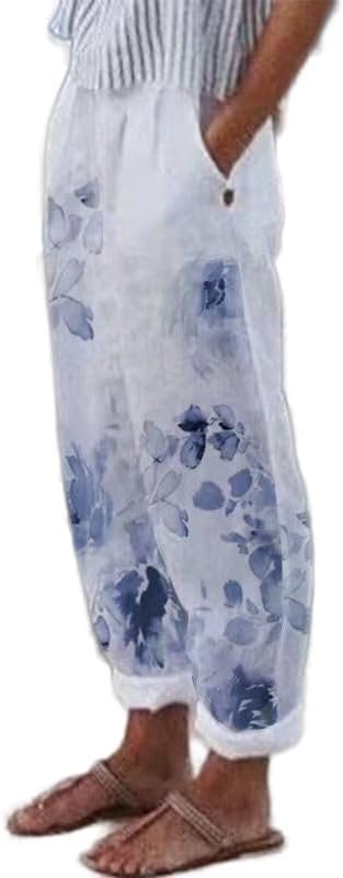 Women's Boho Floral Cotton Linen Casual Pants Summer High Waisted Baggy Beach Trousers with Pockets Plus Size