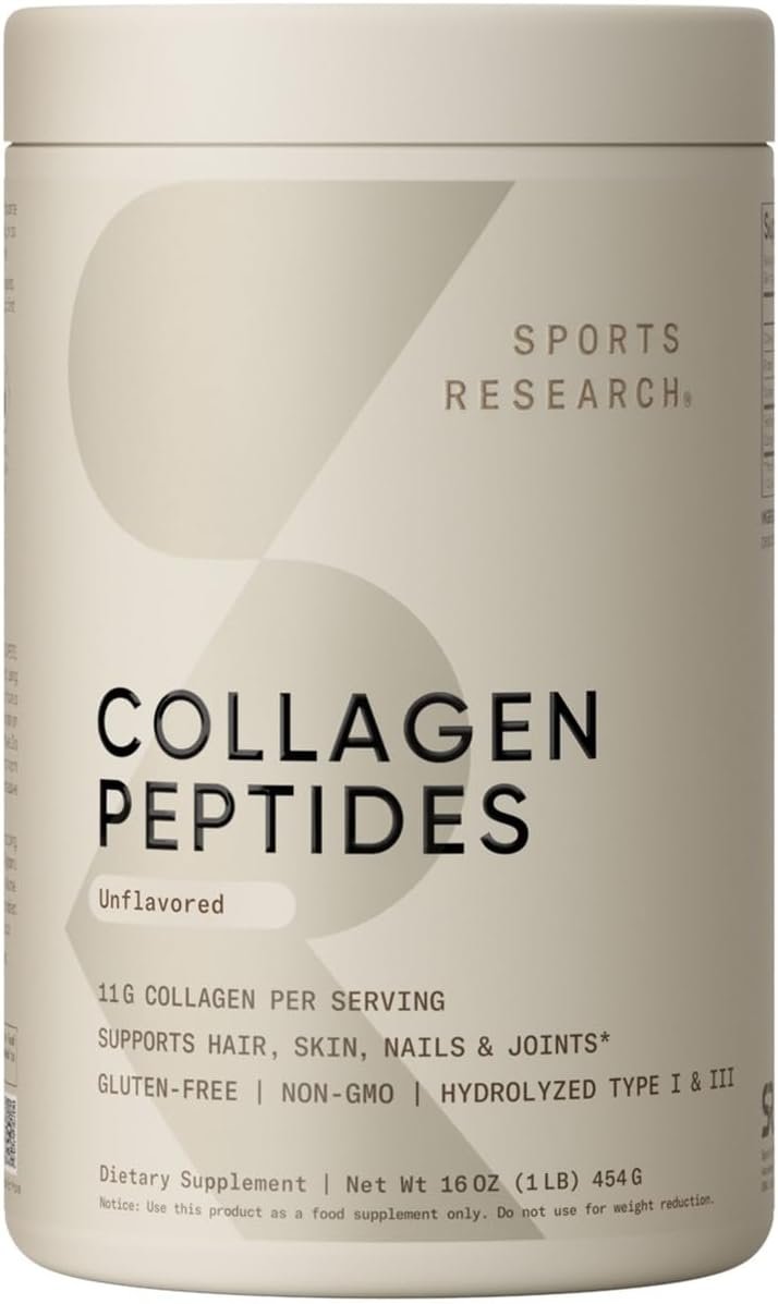 Sports Research Collagen Peptides for Women & Men, Unflavored, 16 oz., Hydrolyzed Type 1 & 3 Collagen Powder Protein Supplement for Healthy Skin, Nails, Bones & Joints