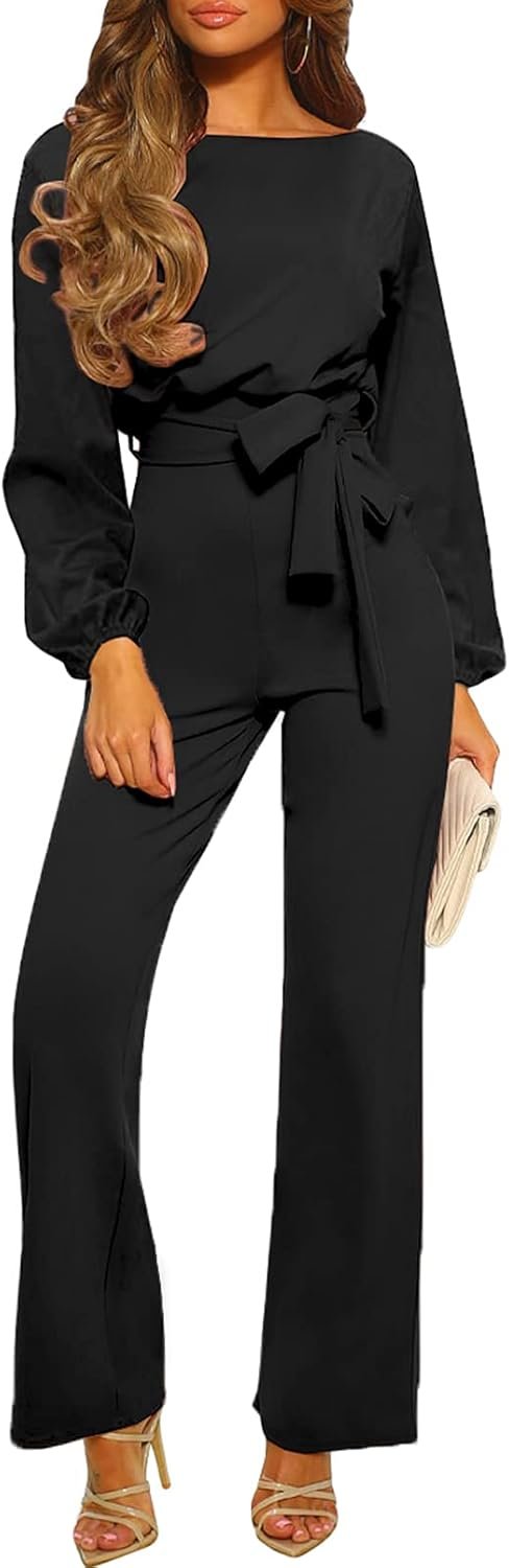 Happy Sailed Womens Dressy Jumpsuits Long Sleeve Belted Wide Leg Pant Romper Jumpsuit Wedding Guest Outfits