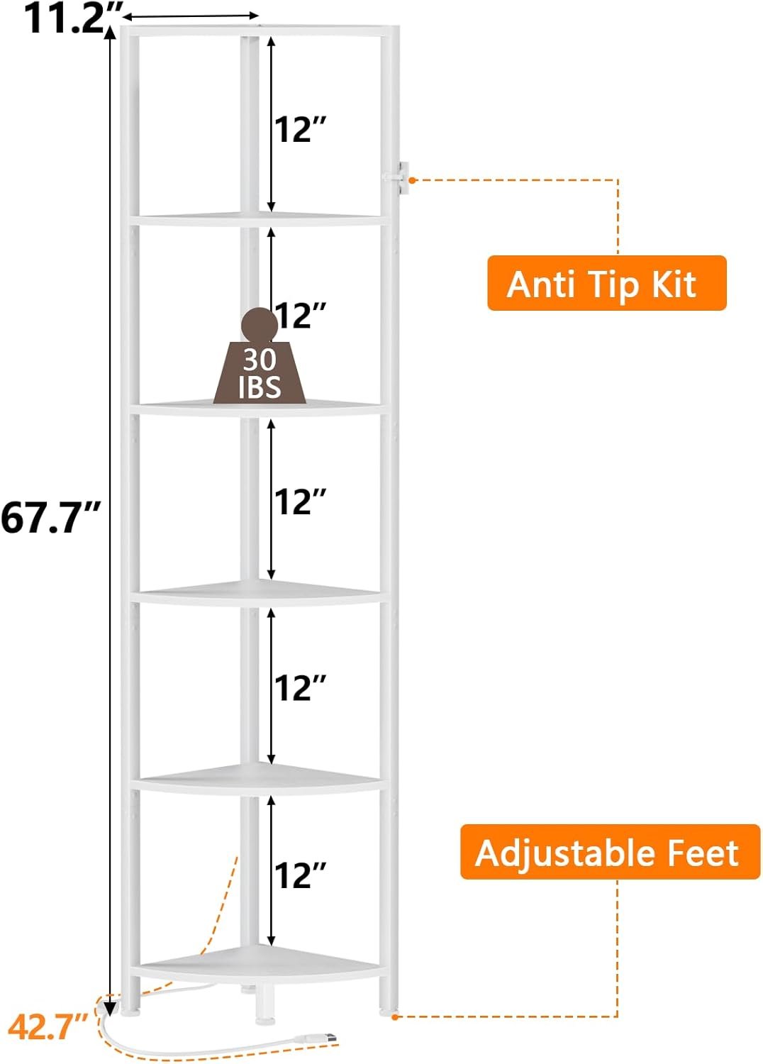 Furnulem 6 Tier Corner Shelf with LED Light, 67.5” Tall Standing Shelf Organizer, White Narrow Bookshelf with Storage Rack for Wall Corner, Living Room, Bedroom, Metal Frame, Wood Display Shelf 2 Furnulem 6 Tier Corner Shelf with LED Light, 67.5” Tall Standing Shelf Organizer, White Narrow Bookshelf with Storage Rack for Wall Corner, Living Room, Bedroom, Metal Frame, Wood Display Shelf - Image 2