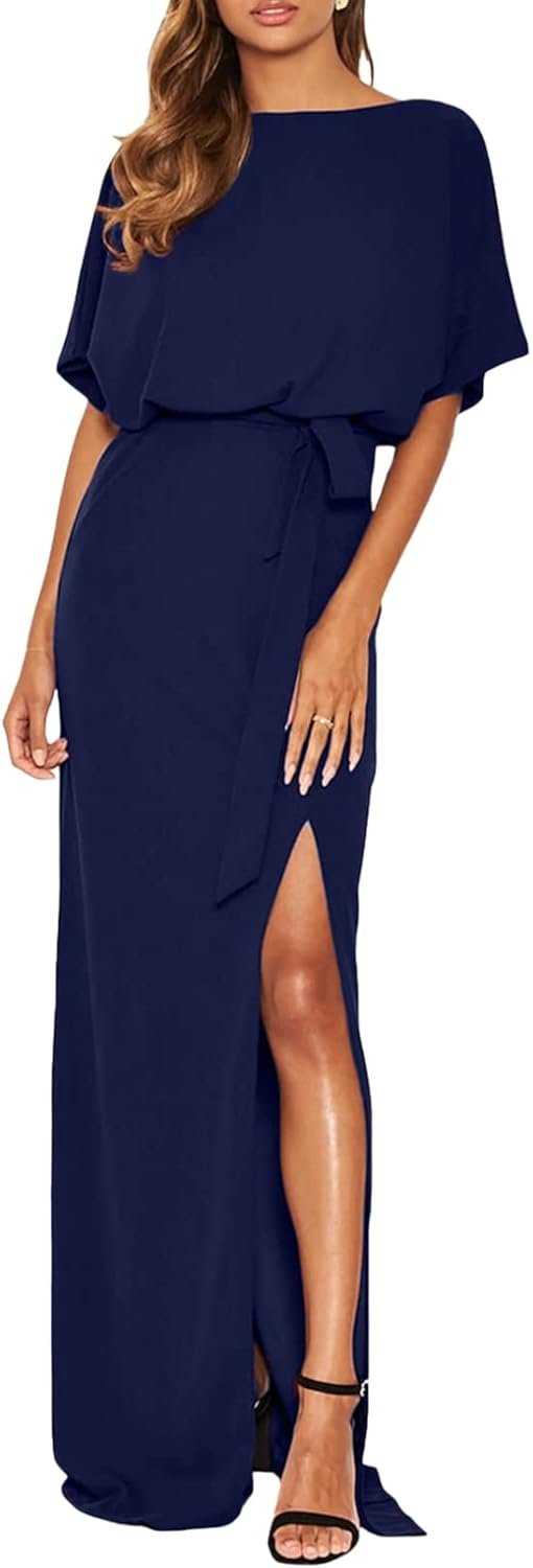 Happy Sailed Womens Formal Dress Batwing Sleeve Waist Belted High Slit Long Maxi Party Dresses Evening Gown