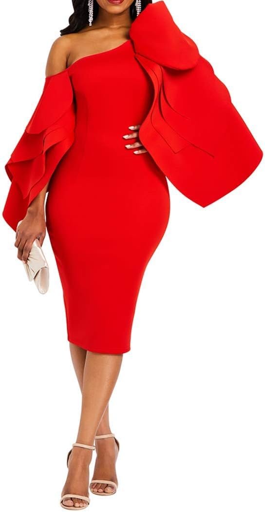 VERWIN Bodycon Dress for Woman Long Sleeve Knee-Length Ruffle Sleeve Off Shoulder Evening Dress