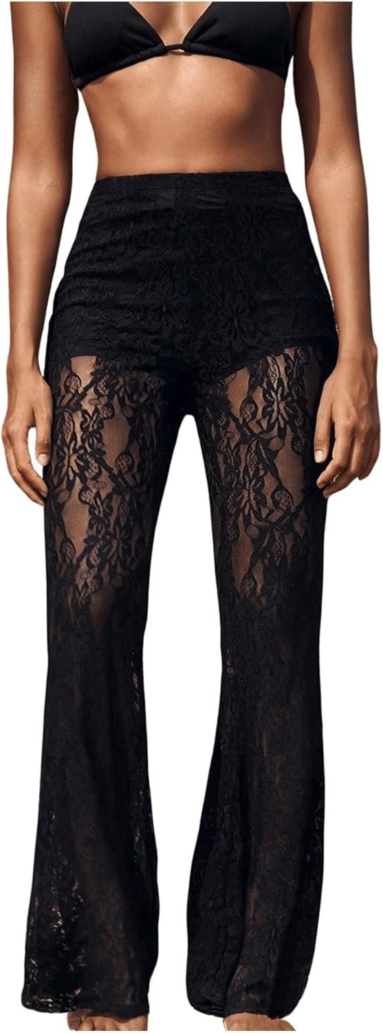 Women's Floral Lace Sheer Mesh Flare Pants Elastic High Waisted Long Trousers