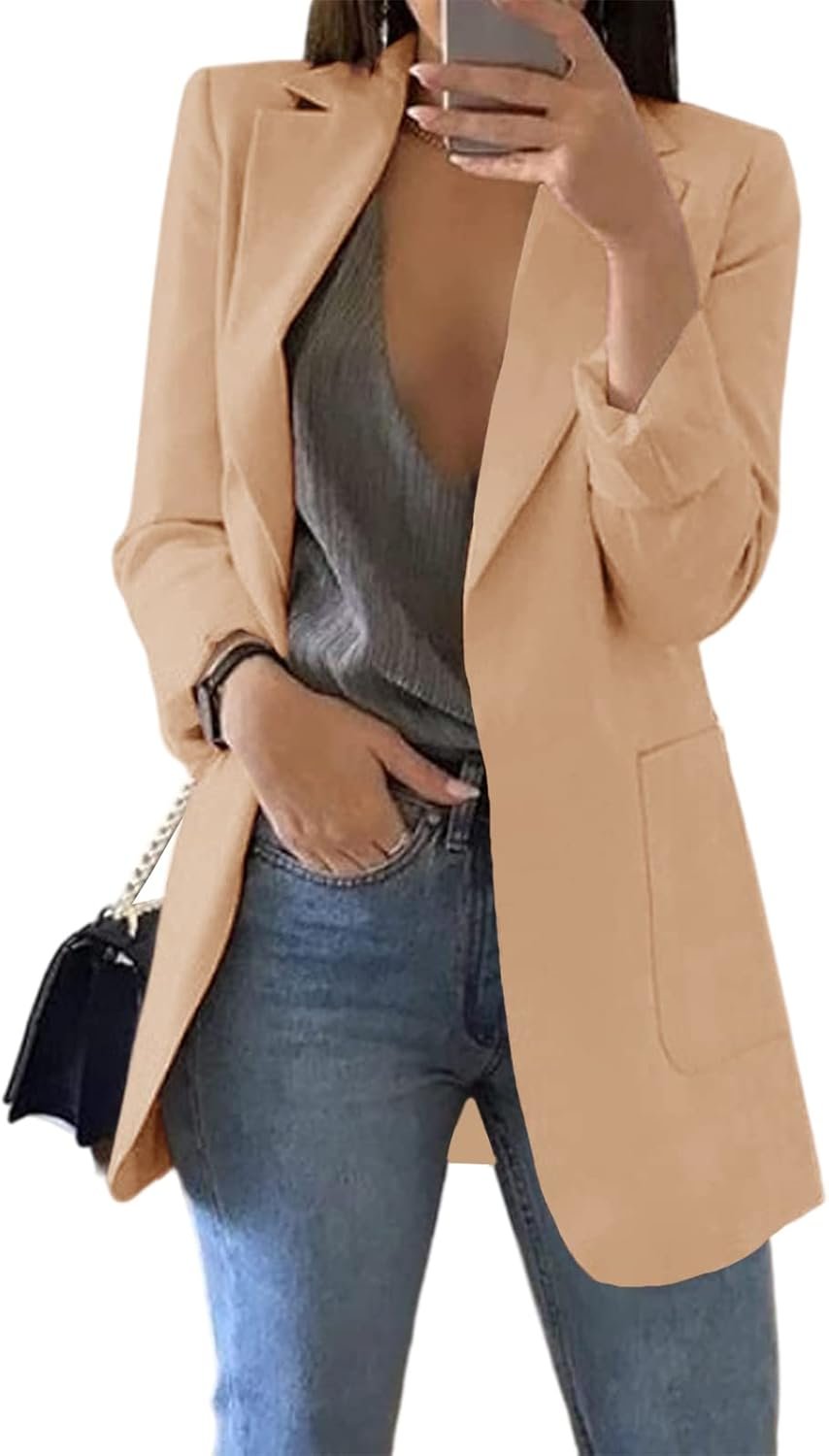 Cnkwei Womens Casual Blazers Open Front Long Sleeve Lapel Collar Work Office Jacket