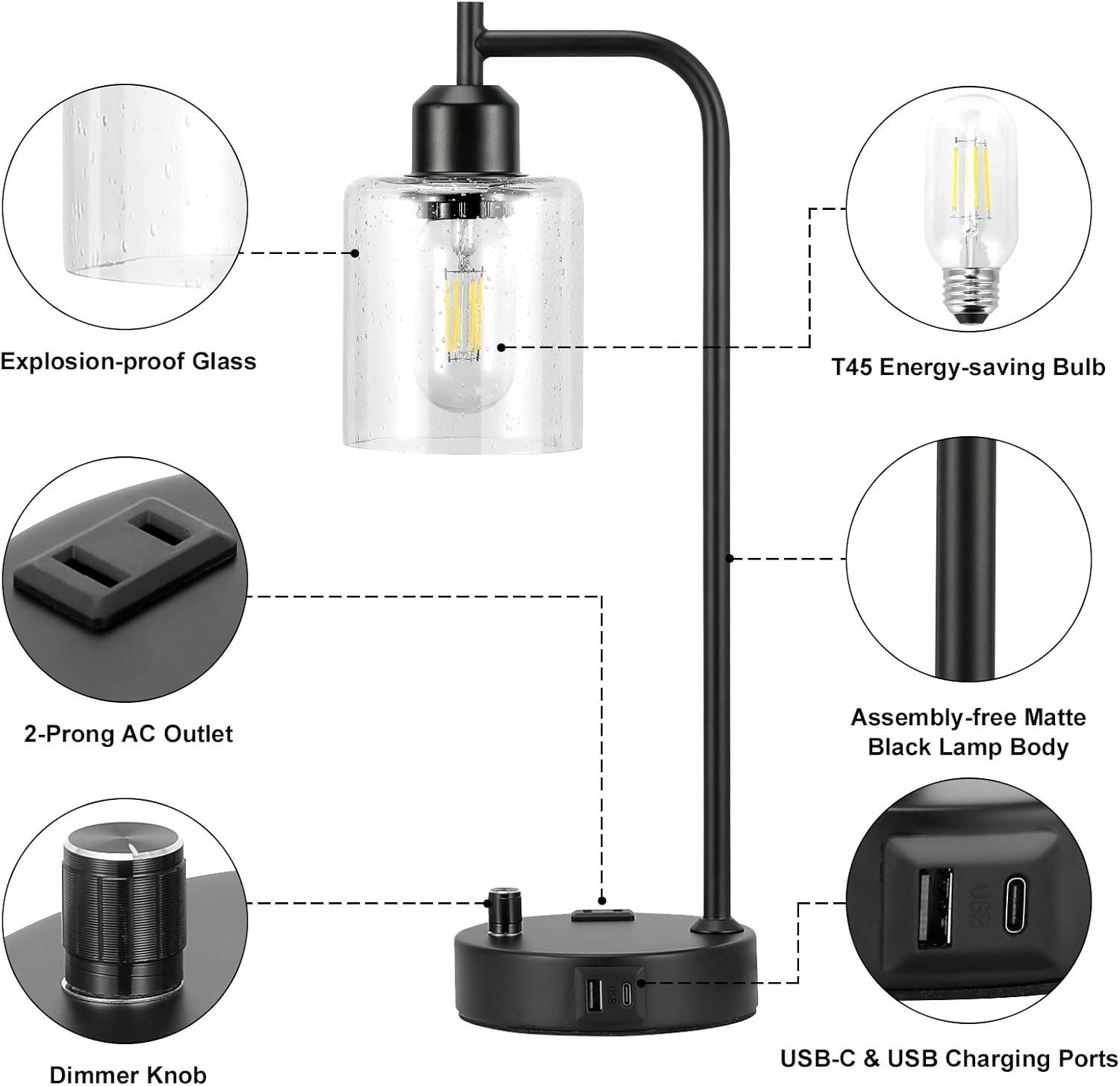 Industrial Table Lamps for Bedrooms Set of 2 - Fully Dimmable Bedside Lamps with USB A and C Ports and Outlet, Black Nightstand Lamps with Glass Shade for Living Room, Desk Lamps for Office Reading 7 Industrial Table Lamps for Bedrooms Set of 2 - Fully Dimmable Bedside Lamps with USB A and C Ports and Outlet, Black Nightstand Lamps with Glass Shade for Living Room, Desk Lamps for Office Reading - Image 7