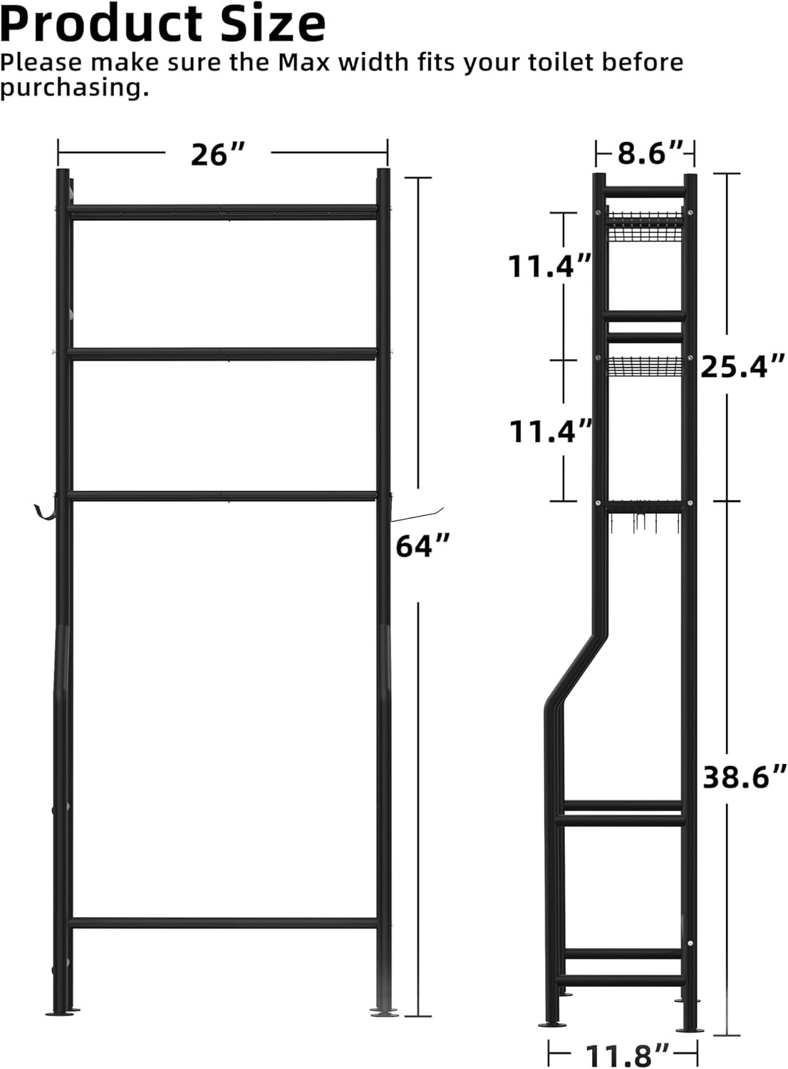 3-Tier Over The Toilet Storage, Freestanding Metal Bathroom Shelves with 4 Hooks, Over Toilet Storage Shelf with Paper Holder, Above The Toilet Shelf for Bathroom Storage, Black 3 3-Tier Over The Toilet Storage, Freestanding Metal Bathroom Shelves with 4 Hooks, Over Toilet Storage Shelf with Paper Holder, Above The Toilet Shelf for Bathroom Storage, Black - Image 3
