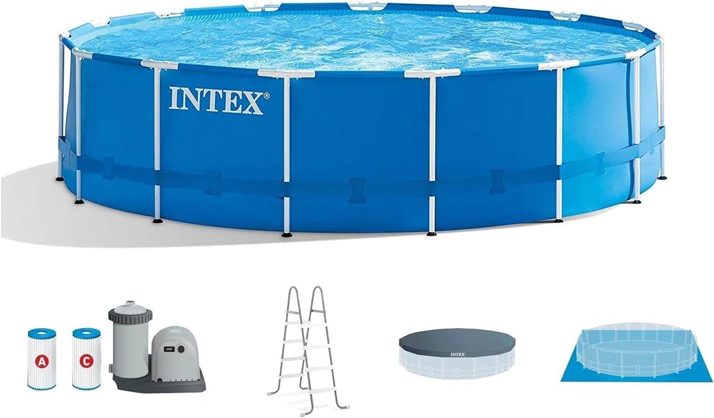 INTEX 28253EH Metal Frame Above Ground Swimming Pool Set: 18ft x 48in – Includes 1500 GPH Cartridge Filter Pump – Removable Ladder – Pool Cover – Ground Cloth