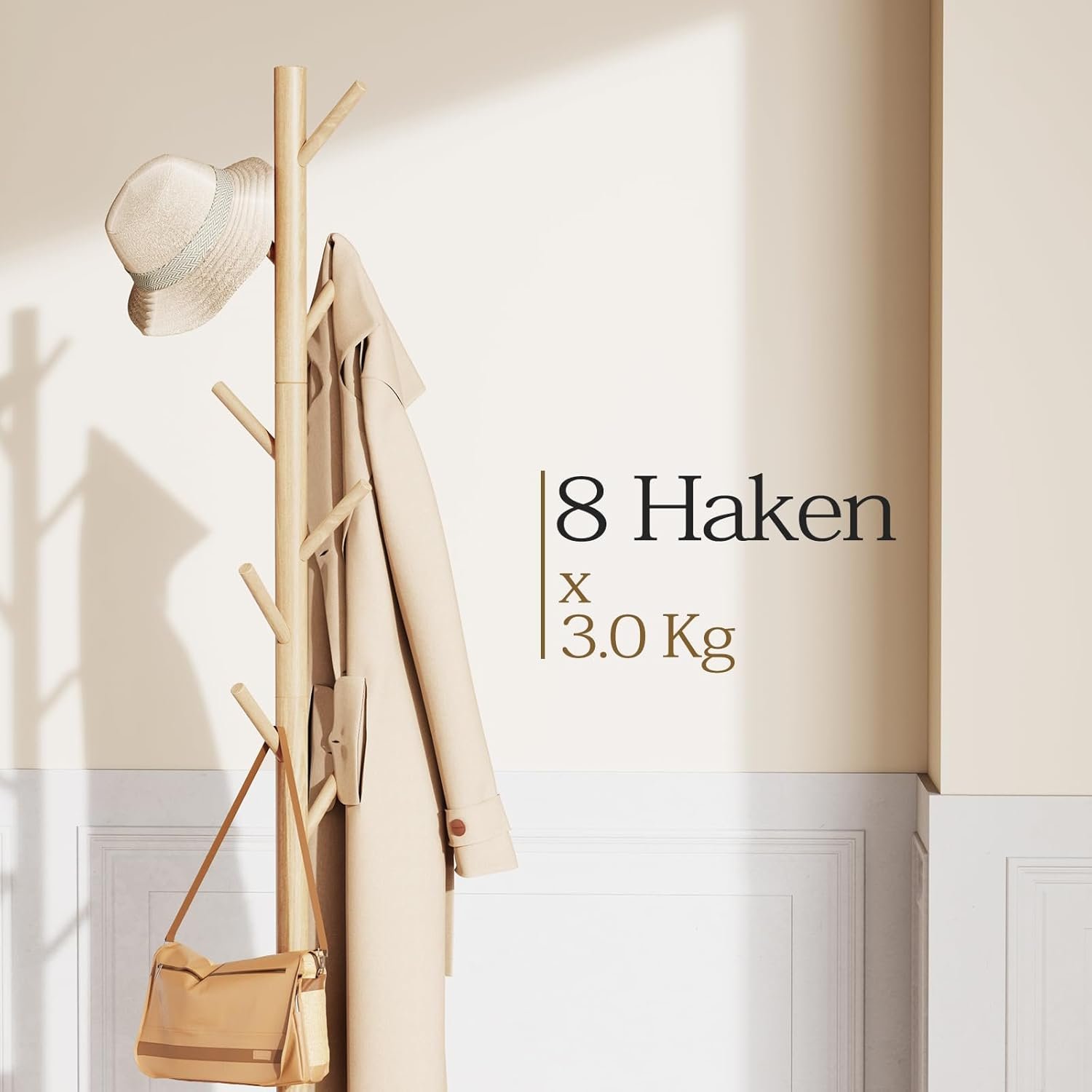 Pipishell Coat Rack Sturdy Wooden Coat Rack Stand, Adjustable Coat Tree, Free Standing Tree Hanger with 4 Sections & 8 Hooks, for Home/Bedroom/Office/Hallway/Entryway 2 Pipishell Coat Rack Sturdy Wooden Coat Rack Stand, Adjustable Coat Tree, Free Standing Tree Hanger with 4 Sections & 8 Hooks, for Home/Bedroom/Office/Hallway/Entryway - Image 2