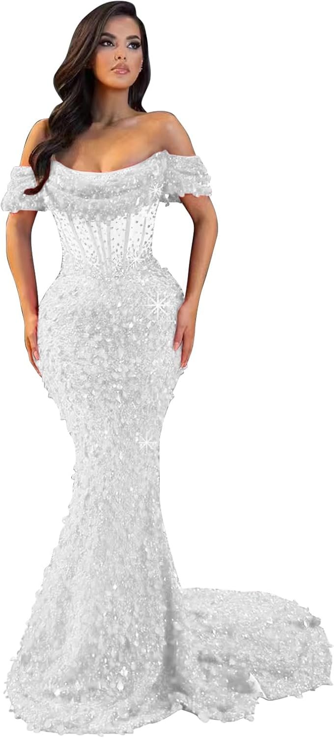 RYANTH Sequin Prom Dresses 2025 for Women Off Shoulder Mermaid Formal Party Gown Long Corset Evening Dress RDX-P1050