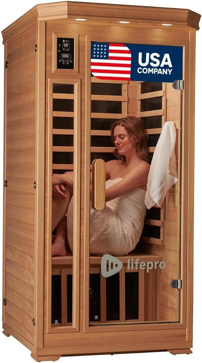 LifePro Rejuvacure Wooden Far Infrared Sauna for Home - 1 and 2 Person Indoor Sauna Box with Chromotherapy, Bluetooth Speakers, Canadian Hemlock Wood, and Carbon Fiber Heaters
