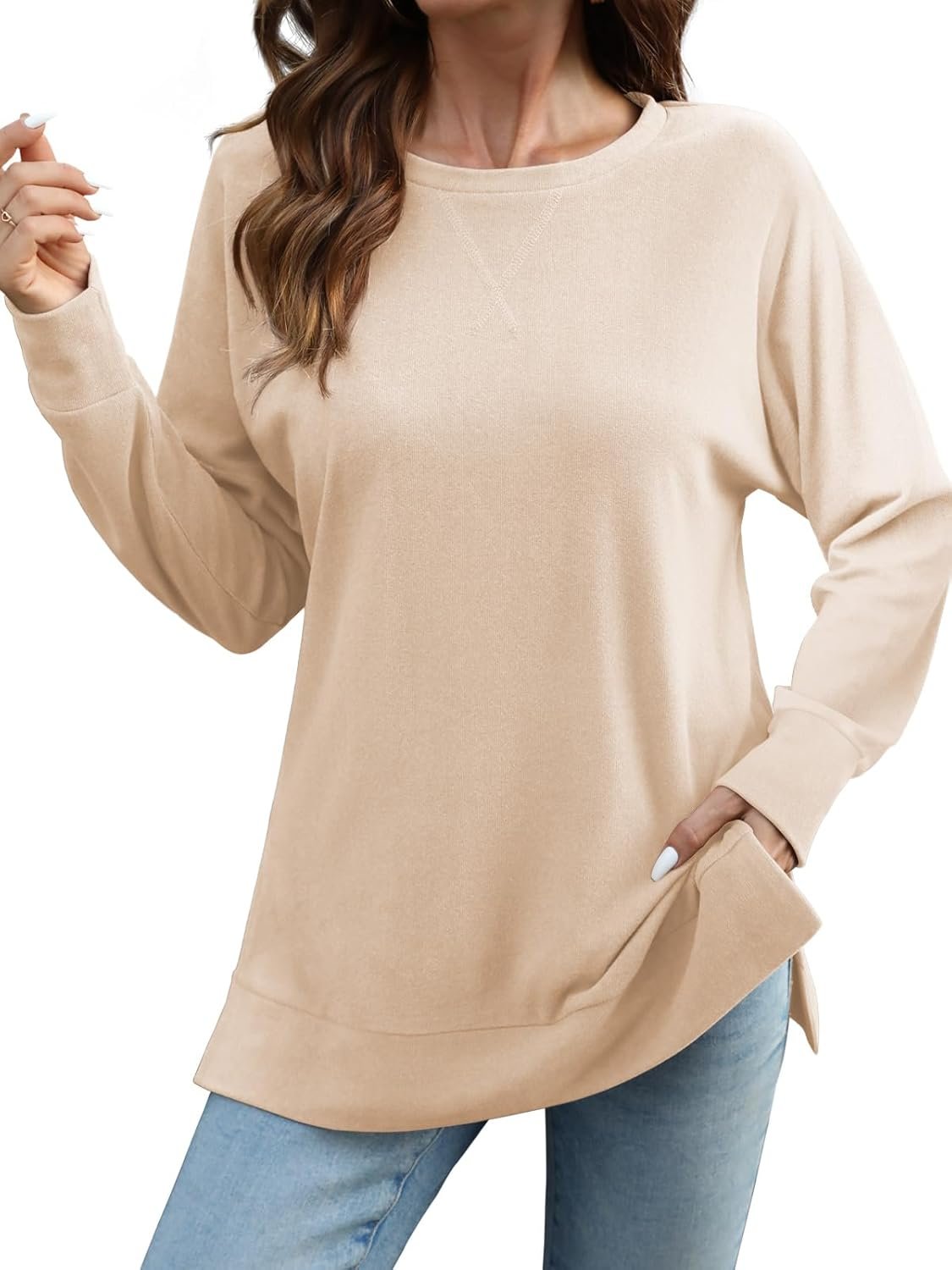 Feiersi Womens Sweatshirt Crewneck Long Sleeve Casual Shirts Side Split Tops Fall Fashion Pullover