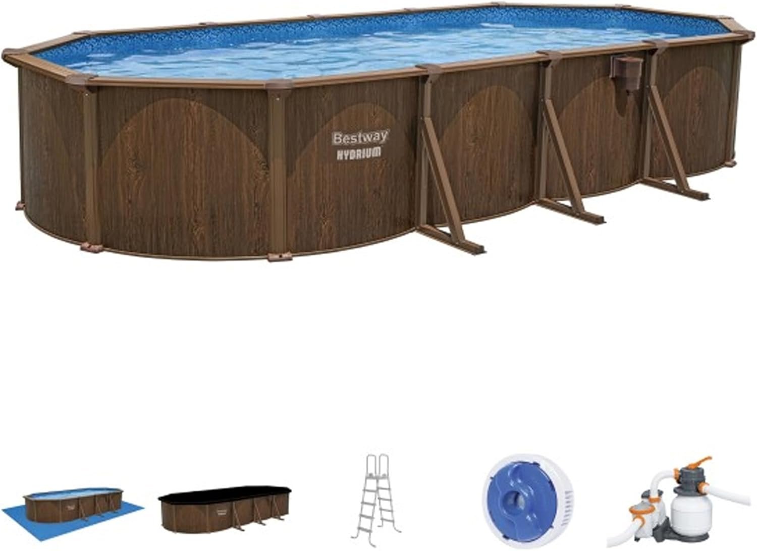 Bestway Hydrium 24' x 12' x 52" Oval Above Ground Swimming Pool Set Outdooor Steel Wall Family Pool with Sand Filter, Ladder, & Cover, Brown Woodgrain