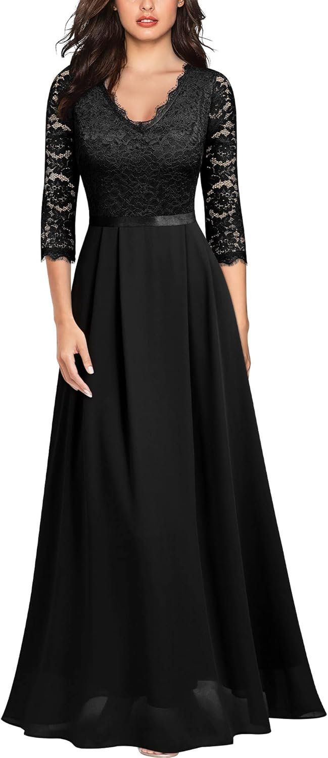 MISSMAY Women's Formal Floral Lace 2/3 Sleeves Long Evening Party Maxi Dress