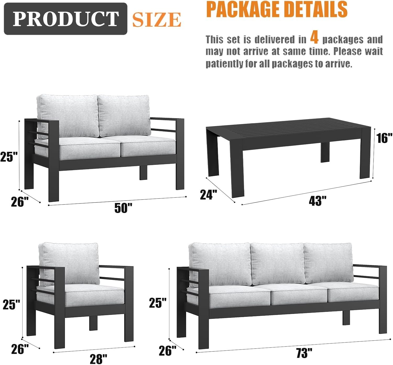 5 Pieces Modern Aluminum Patio Furniture Set, Outdoor Conversation Sets Metal Sectional Sofa with Coffee Table 7 5 Pieces Modern Aluminum Patio Furniture Set, Outdoor Conversation Sets Metal Sectional Sofa with Coffee Table - Image 7