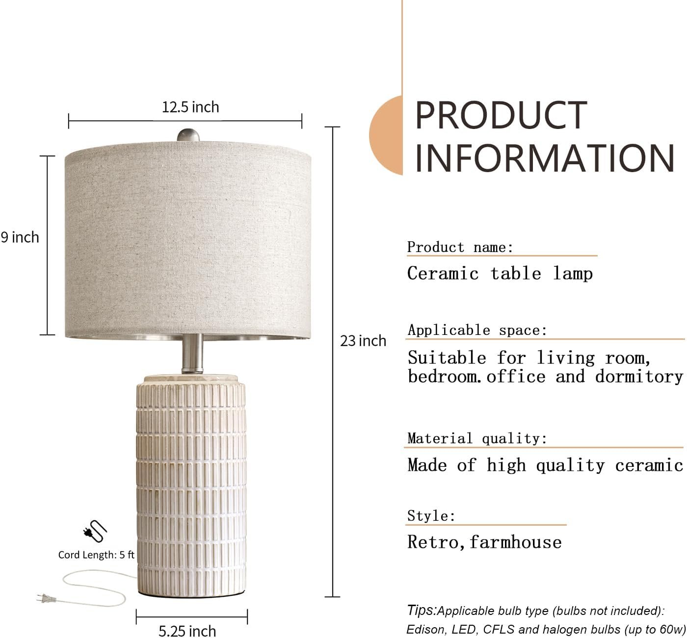 PoKat 23" Modern Ceramic Table Lamp Set of 2 for Living Room White Desk Lamps for Bedroom Farmhouse Bedside Nightstand Bedside Lamp End Table Lamps Beige 6 PoKat 23" Modern Ceramic Table Lamp Set of 2 for Living Room White Desk Lamps for Bedroom Farmhouse Bedside Nightstand Bedside Lamp End Table Lamps Beige - Image 6