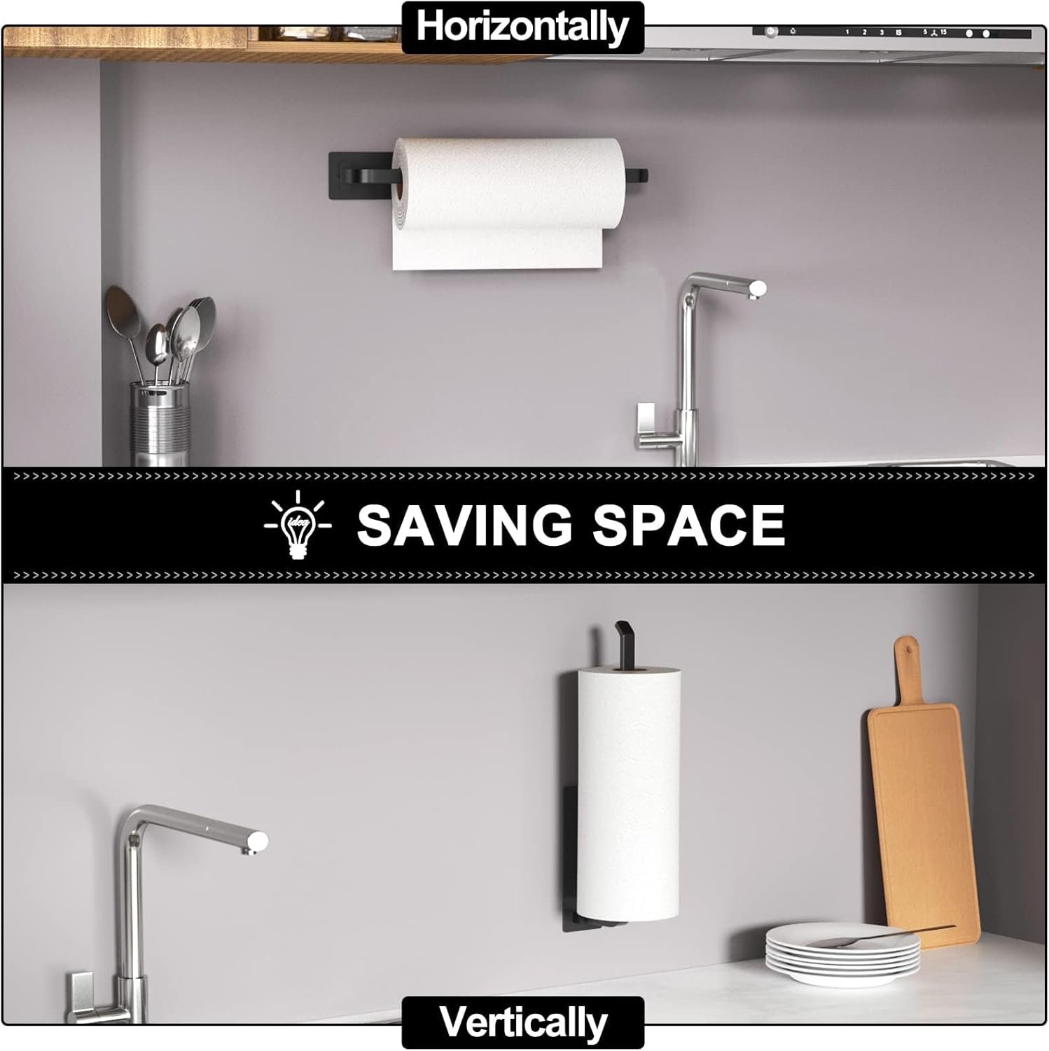 Paper Towel Holder - Self-Adhesive or Drilling, Matte Black, Upgraded Aluminum Kitchen Roll Dispenser Under Cabinet, Lighter but Stronger Than Stainless Steel! 3 Paper Towel Holder - Self-Adhesive or Drilling, Matte Black, Upgraded Aluminum Kitchen Roll Dispenser Under Cabinet, Lighter but Stronger Than Stainless Steel! - Image 3