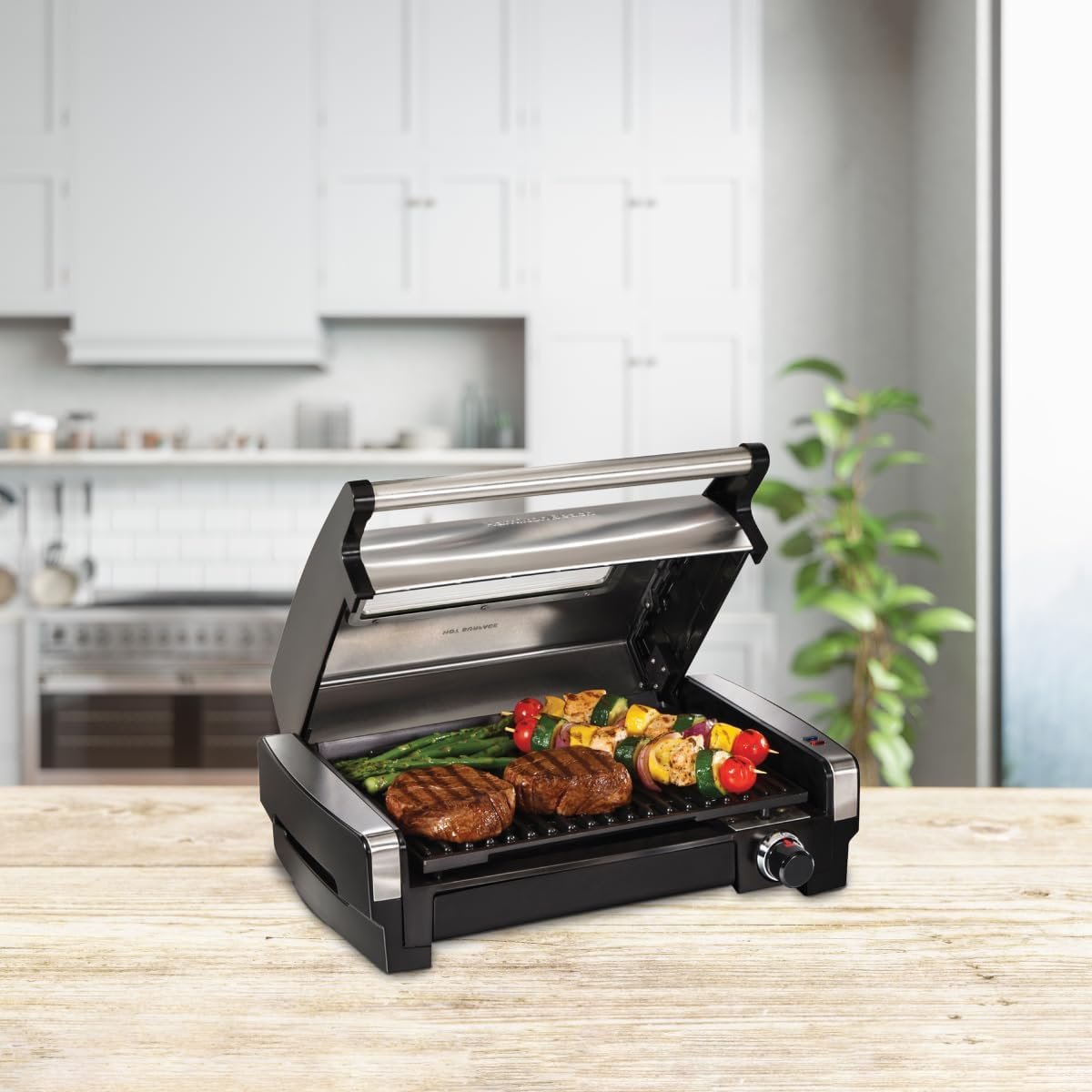 Hamilton Beach Electric Indoor Searing Grill with Viewing Window & Adjustable Temperature Control to 450F, 118 sq. in. Surface Serves 6, Removable Nonstick Grate, Stainless Steel 6 Hamilton Beach Electric Indoor Searing Grill with Viewing Window & Adjustable Temperature Control to 450F, 118 sq. in. Surface Serves 6, Removable Nonstick Grate, Stainless Steel - Image 6
