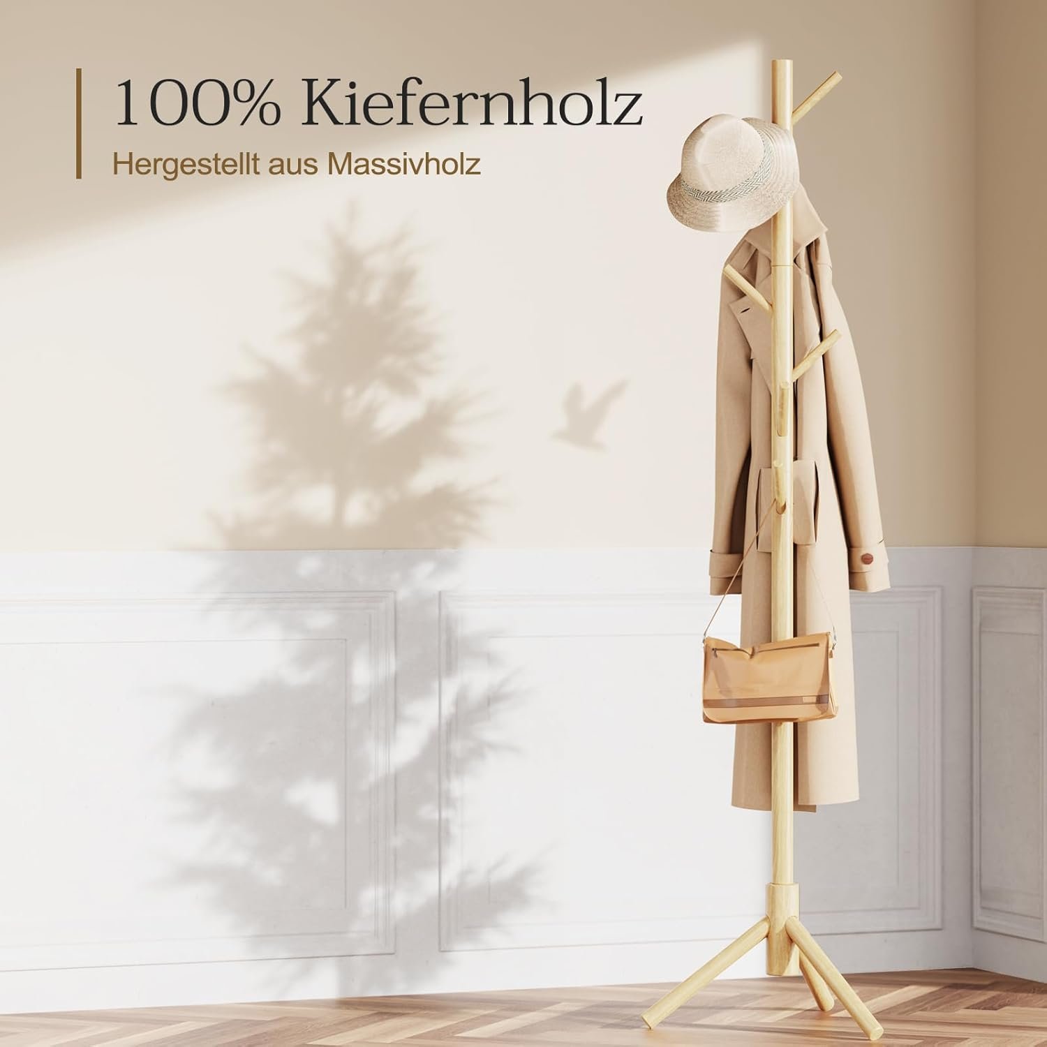 Pipishell Coat Rack Sturdy Wooden Coat Rack Stand, Adjustable Coat Tree, Free Standing Tree Hanger with 4 Sections & 8 Hooks, for Home/Bedroom/Office/Hallway/Entryway 4 Pipishell Coat Rack Sturdy Wooden Coat Rack Stand, Adjustable Coat Tree, Free Standing Tree Hanger with 4 Sections & 8 Hooks, for Home/Bedroom/Office/Hallway/Entryway - Image 4