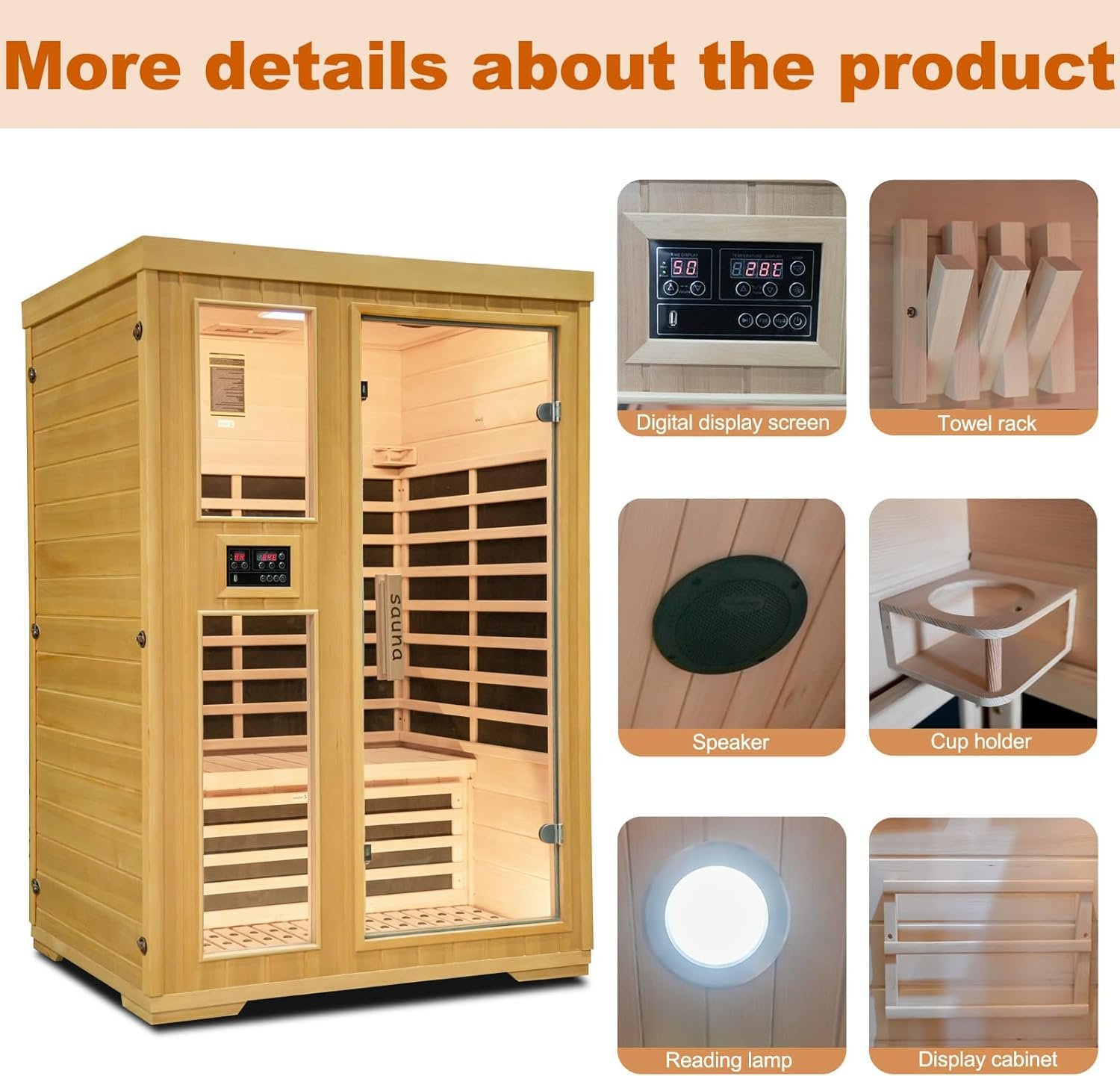 Far Infrared Sauna Room for Home,Canadian Hemlock 2 Person Wooden Dry Sauna with Dual Control Panel and MP3 Controller, Time and Temp Pre-Set,8 Carbon Panels,Led Reading Lamp,Valentine's Day Gift 4 Far Infrared Sauna Room for Home,Canadian Hemlock 2 Person Wooden Dry Sauna with Dual Control Panel and MP3 Controller, Time and Temp Pre-Set,8 Carbon Panels,Led Reading Lamp,Valentine's Day Gift - Image 4