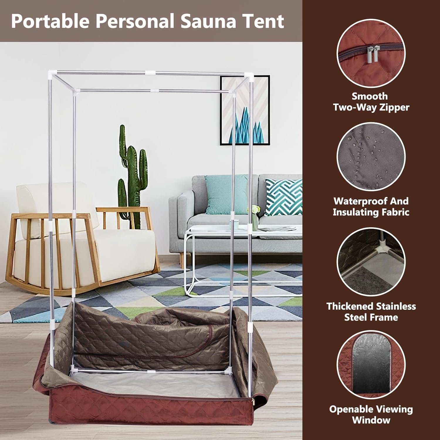 Portable Steam Sauna for Home Spa, Full Size Personal Sauna for Relaxation at Home, Sauna Tent Sauna Box with 3L Steamer, Remote Control, Large Size Folding Chair (Brown) 4 Portable Steam Sauna for Home Spa, Full Size Personal Sauna for Relaxation at Home, Sauna Tent Sauna Box with 3L Steamer, Remote Control, Large Size Folding Chair (Brown) - Image 4