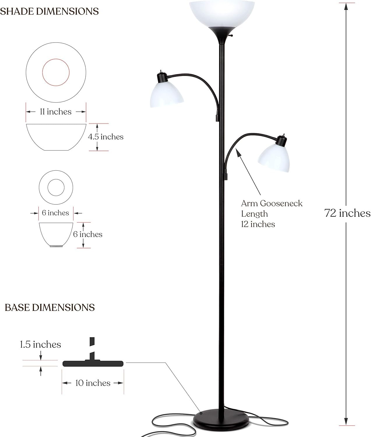 Brightech Sky Dome Double LED Floor lamp, Torchiere Super Bright Floor Lamp with 2 Reading Lamps for Living Rooms & Offices - Dimmable Tall Standing Lamp for Bedroom Reading - Tall Black Pole 7 Brightech Sky Dome Double LED Floor lamp, Torchiere Super Bright Floor Lamp with 2 Reading Lamps for Living Rooms & Offices - Dimmable Tall Standing Lamp for Bedroom Reading - Tall Black Pole - Image 7