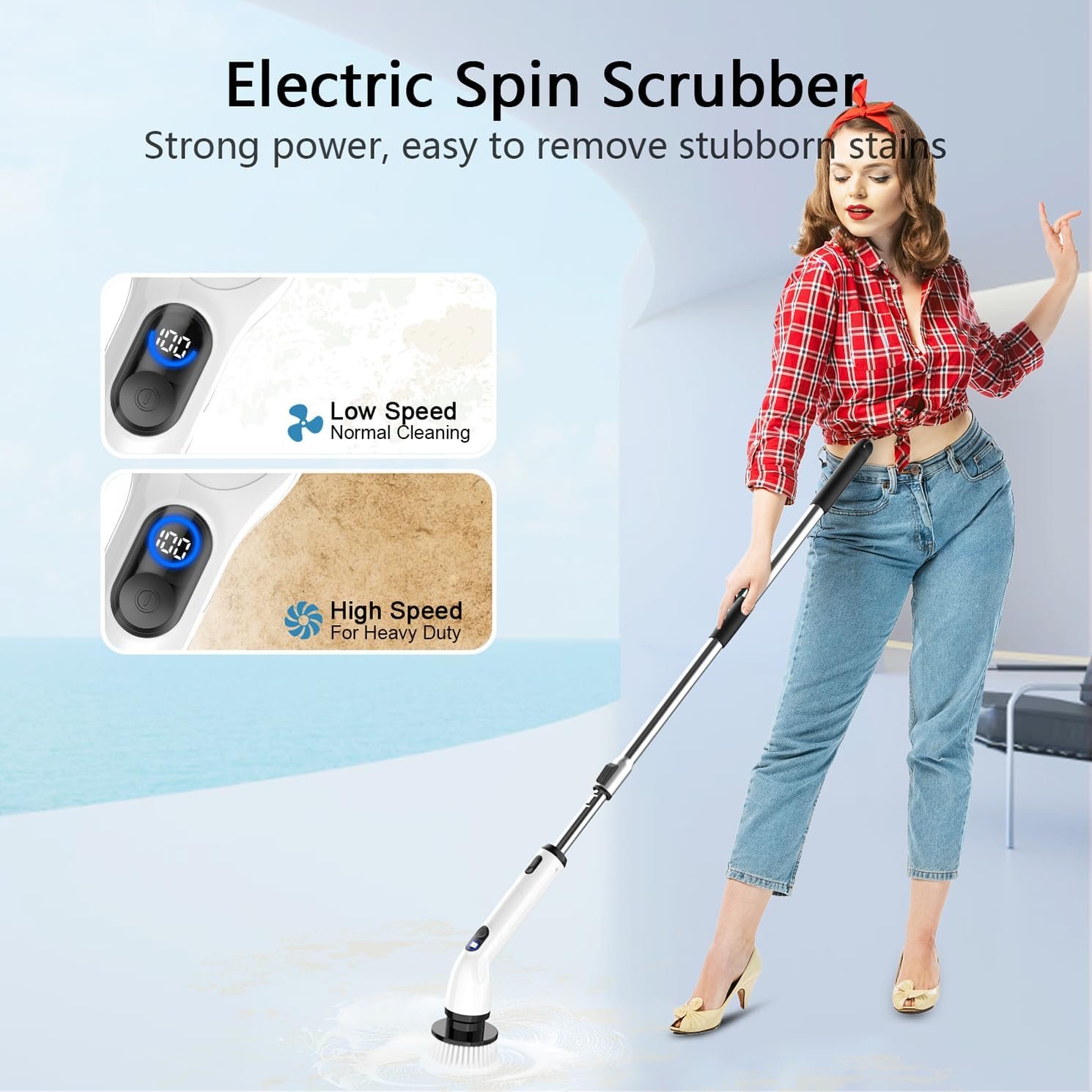 TUYU Electric Spin Scrubber, Full-Body IPX7 Waterproof Bathroom Scrubber with Power LCD Display, Adjustable Extension Handle, Cordless Shower Cleaner Brush for Bathtub Kitchen Wall Cleaning 2 TUYU Electric Spin Scrubber, Full-Body IPX7 Waterproof Bathroom Scrubber with Power LCD Display, Adjustable Extension Handle, Cordless Shower Cleaner Brush for Bathtub Kitchen Wall Cleaning - Image 2