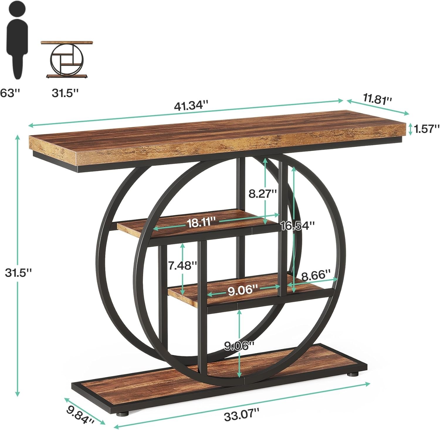 Tribesigns 41.3" Console Table, Industrial 4-Tier Sofa Table Entryway Table with Circle Base, Narrow Wood Accent Tables with Storage Shelves for Living Room, Hallway, Foyer, Rustic Brown 2 Tribesigns 41.3" Console Table, Industrial 4-Tier Sofa Table Entryway Table with Circle Base, Narrow Wood Accent Tables with Storage Shelves for Living Room, Hallway, Foyer, Rustic Brown - Image 2