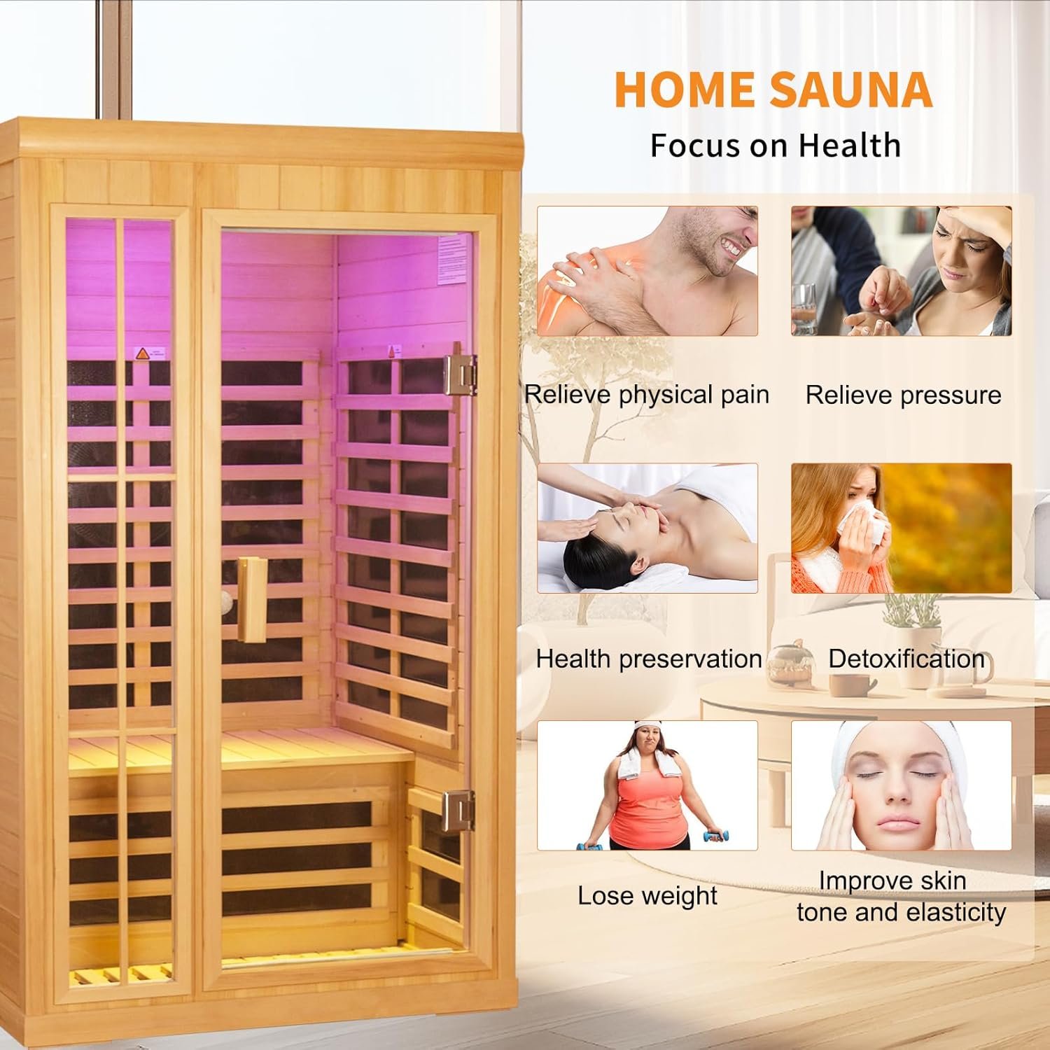 1 to 2 Person Infrared Sauna,Hemlock Wood Low EMF FAR Dry Sauna Indoor Saunas for The Home, with Colored Lights 1350W,Room:75.59 * 35.82 * 40Inch 6 1 to 2 Person Infrared Sauna,Hemlock Wood Low EMF FAR Dry Sauna Indoor Saunas for The Home, with Colored Lights 1350W,Room:75.59 * 35.82 * 40Inch - Image 6