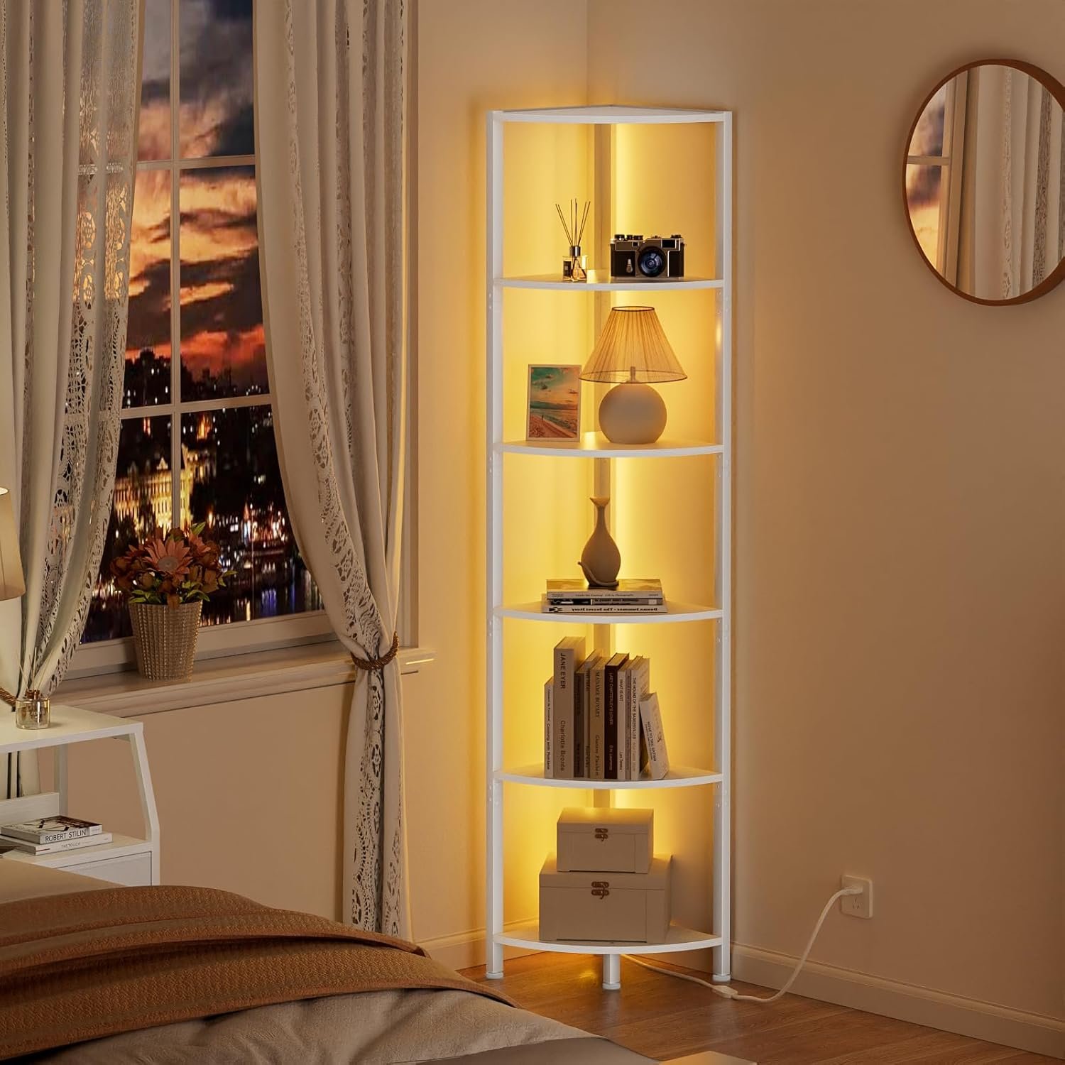 Furnulem 6 Tier Corner Shelf with LED Light, 67.5” Tall Standing Shelf Organizer, White Narrow Bookshelf with Storage Rack for Wall Corner, Living Room, Bedroom, Metal Frame, Wood Display Shelf 3 Furnulem 6 Tier Corner Shelf with LED Light, 67.5” Tall Standing Shelf Organizer, White Narrow Bookshelf with Storage Rack for Wall Corner, Living Room, Bedroom, Metal Frame, Wood Display Shelf - Image 3