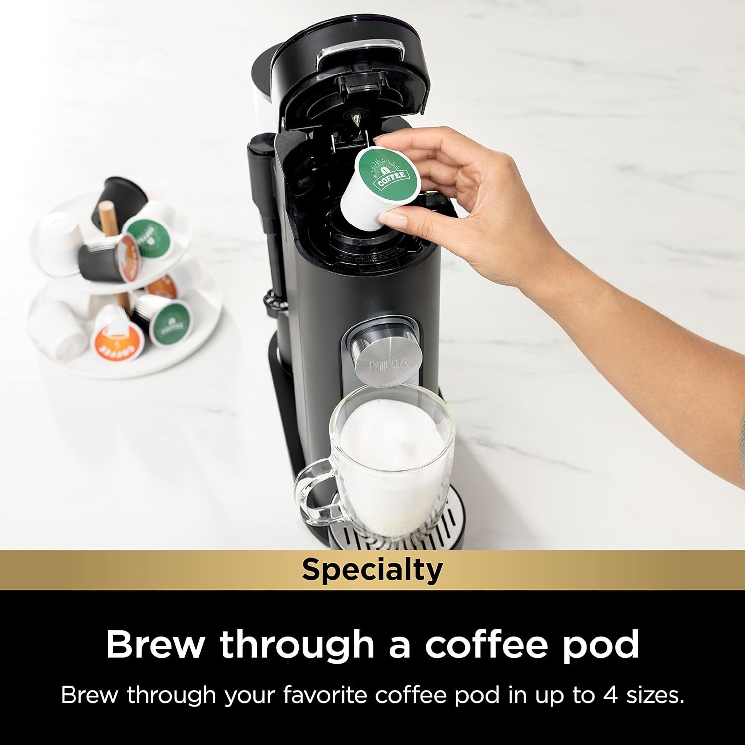 Ninja Pod & Grounds Specialty Single-Serve Coffee Maker, K-Cup Pod Compatible, Brews Grounds, Compact Design, Built-In Milk Frother, 56-oz. Reservoir, 6-oz. Cup to 24-oz. Mug Sizes, Black, PB051 2 Ninja Pod & Grounds Specialty Single-Serve Coffee Maker, K-Cup Pod Compatible, Brews Grounds, Compact Design, Built-In Milk Frother, 56-oz. Reservoir, 6-oz. Cup to 24-oz. Mug Sizes, Black, PB051 - Image 2